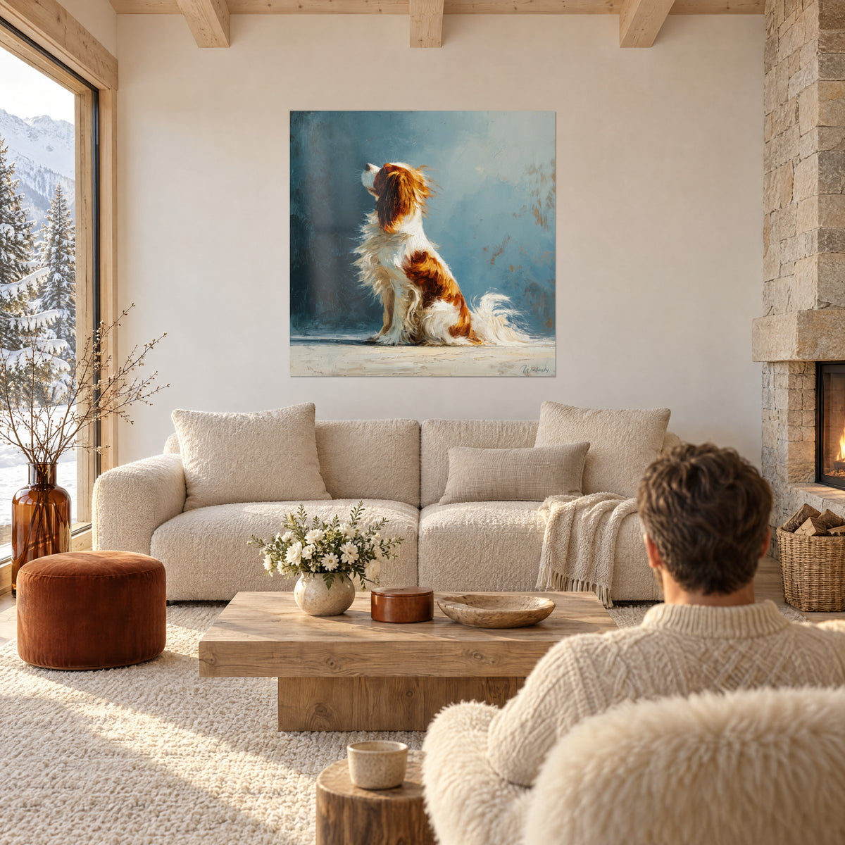 Obraz spaniela cavalier king charles w bieli i rudości, pysk uniesiony ku światłu, głębokie tło w kolorze petrol, nad sofą w jasnym salonie