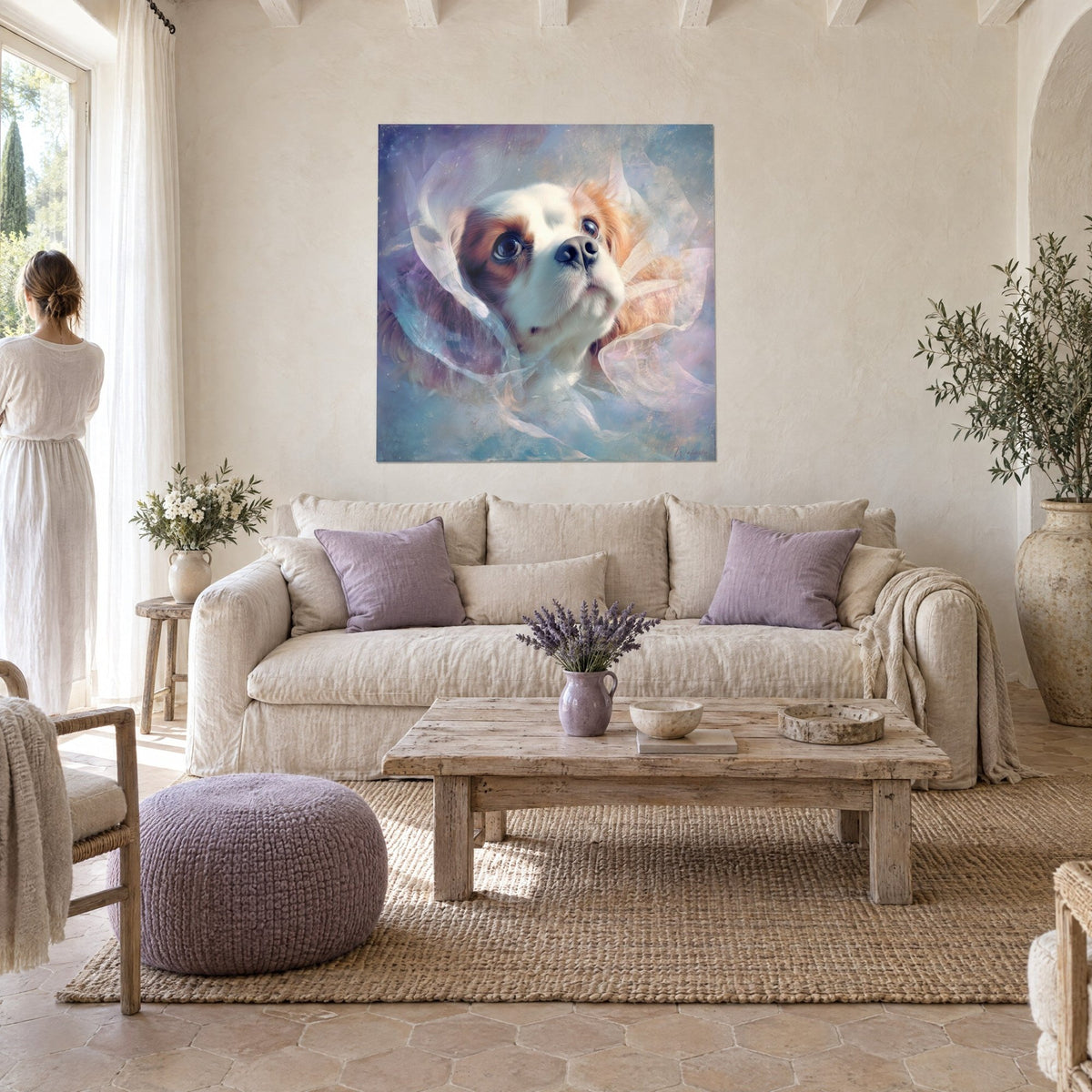 Tableau Cavalier King Charles blanc et roux, regard bleu levé dans des voiles pastel, au-dessus d'un canapé dans un salon lumineux