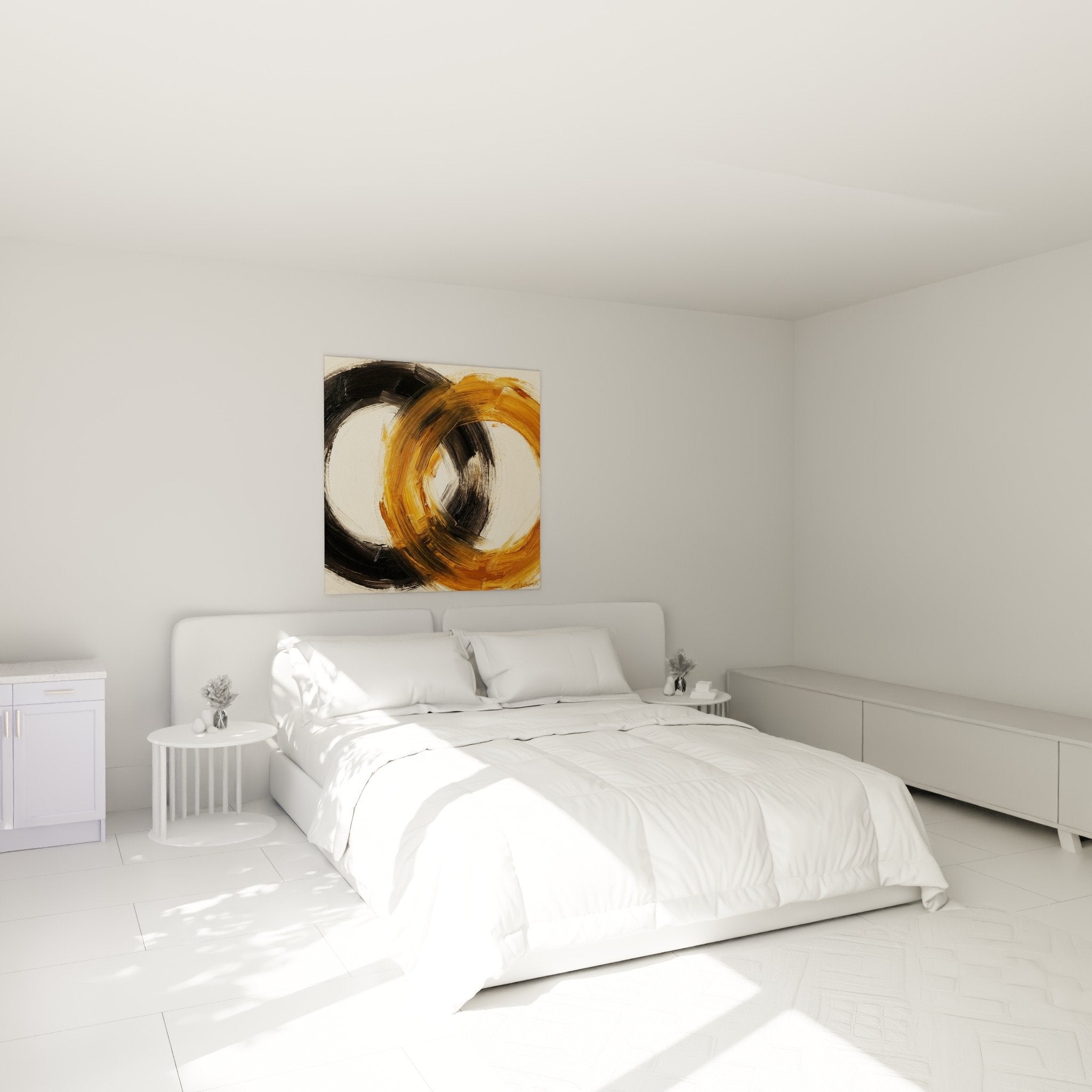 wall decoration bedroom zen circles ochre black soothing modern atmosphere