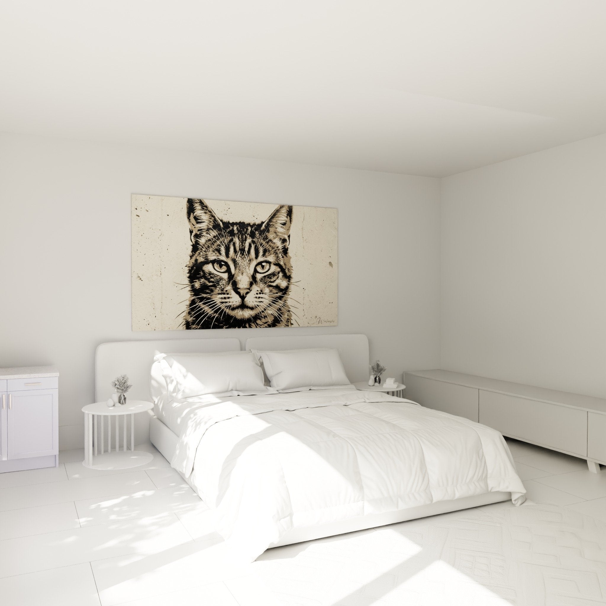 Decoration murale chat tigre chambre ambiance cosy tableau street art pochoir beige tons naturels