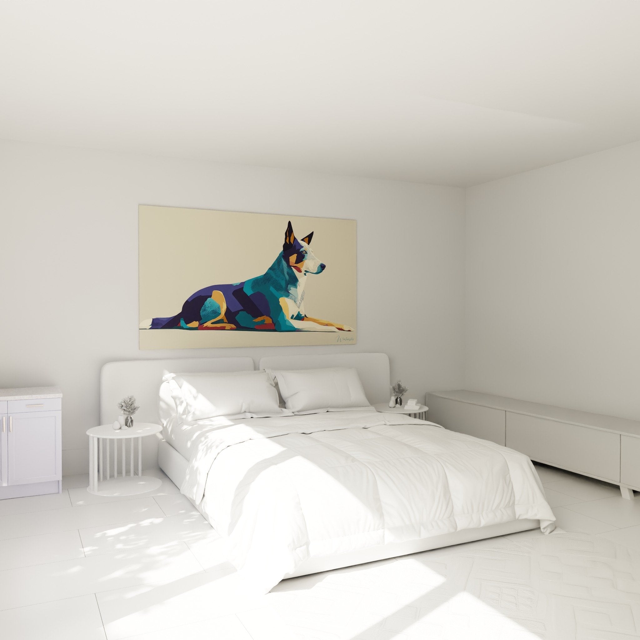 Decoration chambre avec tableau chien berger australien style geometrique couleurs vives mur blanc