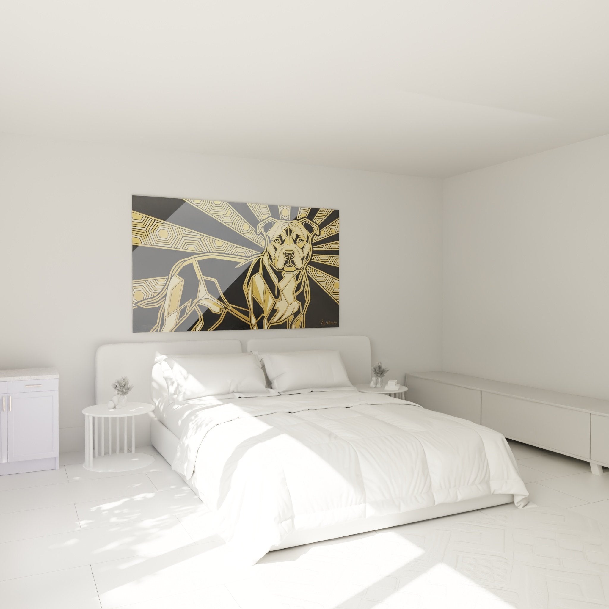 geometrische goldene Hundemalerei Wanddekoration modernes Schlafzimmer zeitgenössische Atmosphäre