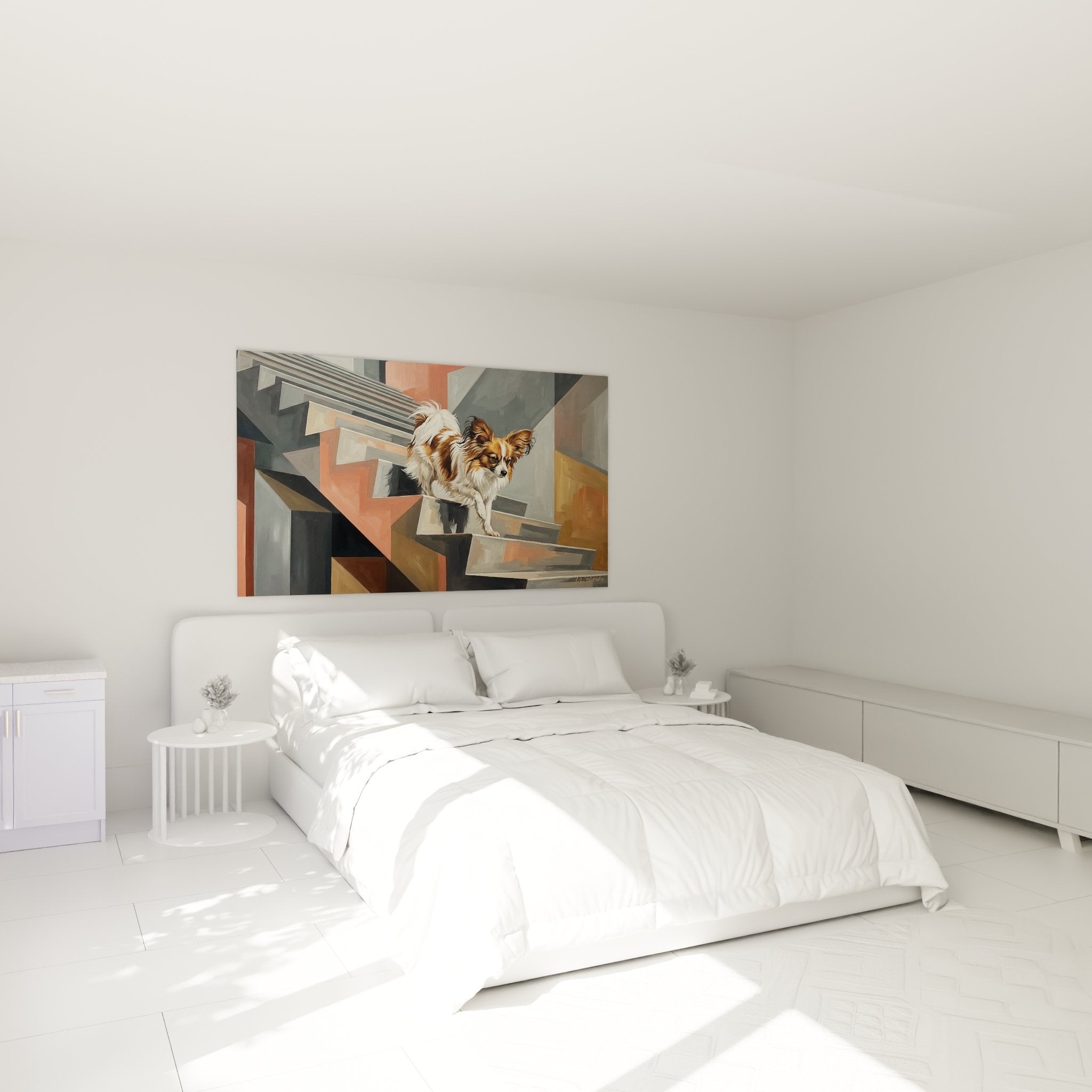 Decoration murale chien papillon art geometrique dans chambre moderne ambiance contemporaine elegante