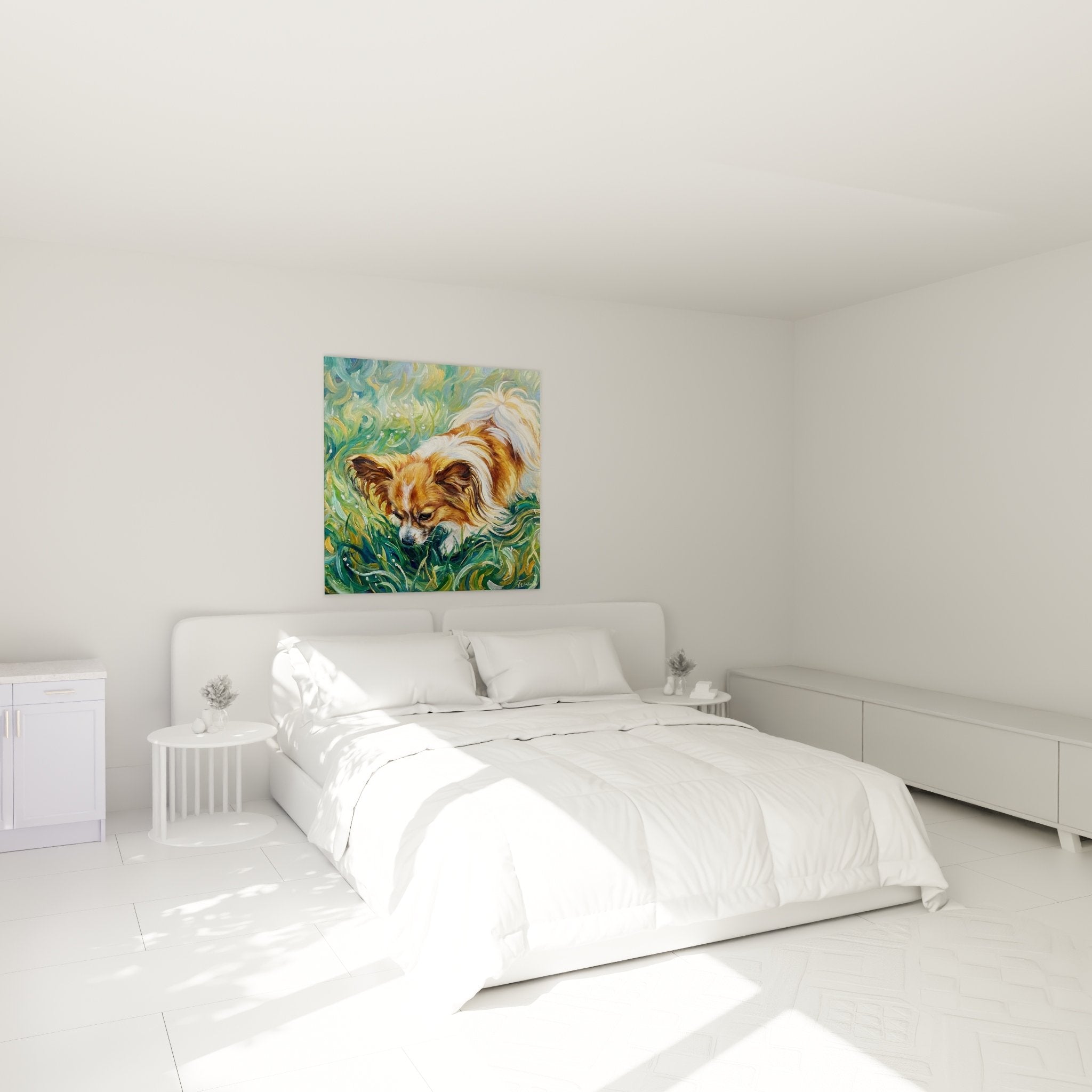 Decoration chambre tableau chien Papillon roux dans herbe verte style tourbillonnant expressif