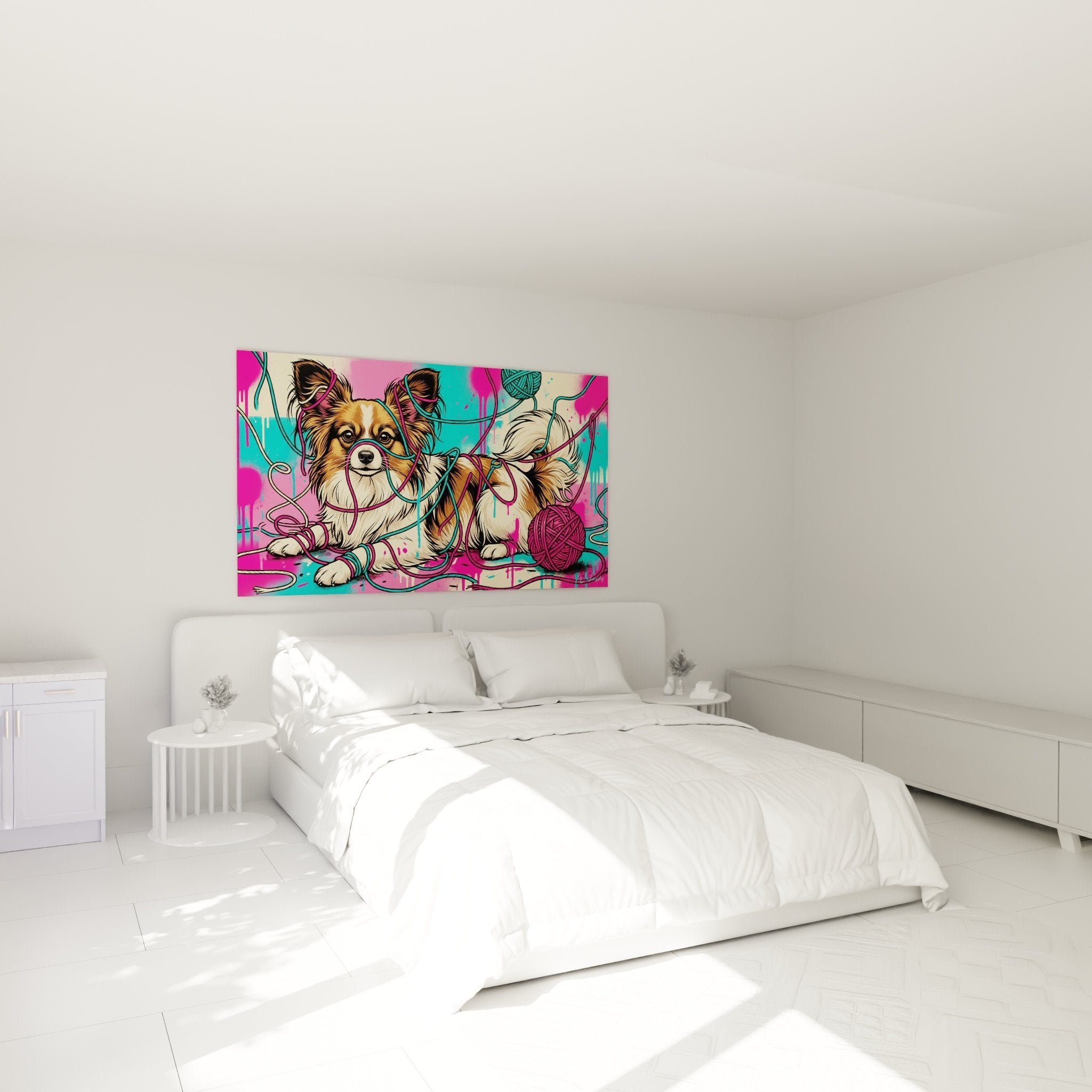 Décoration chambre tableau chien papillon coloré pelotes laine ambiance créative moderne