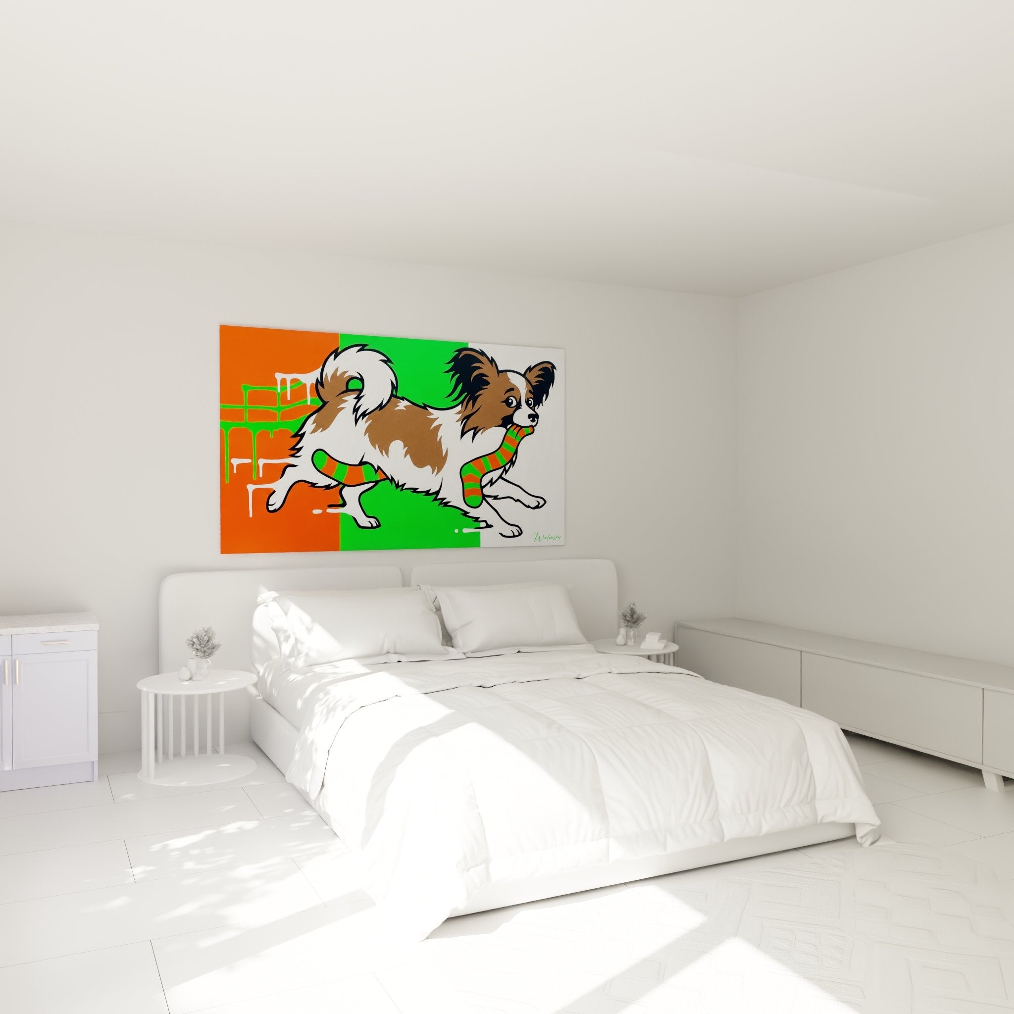 Décoration murale chien papillon bondissant dans chambre moderne aux couleurs vives orange vert