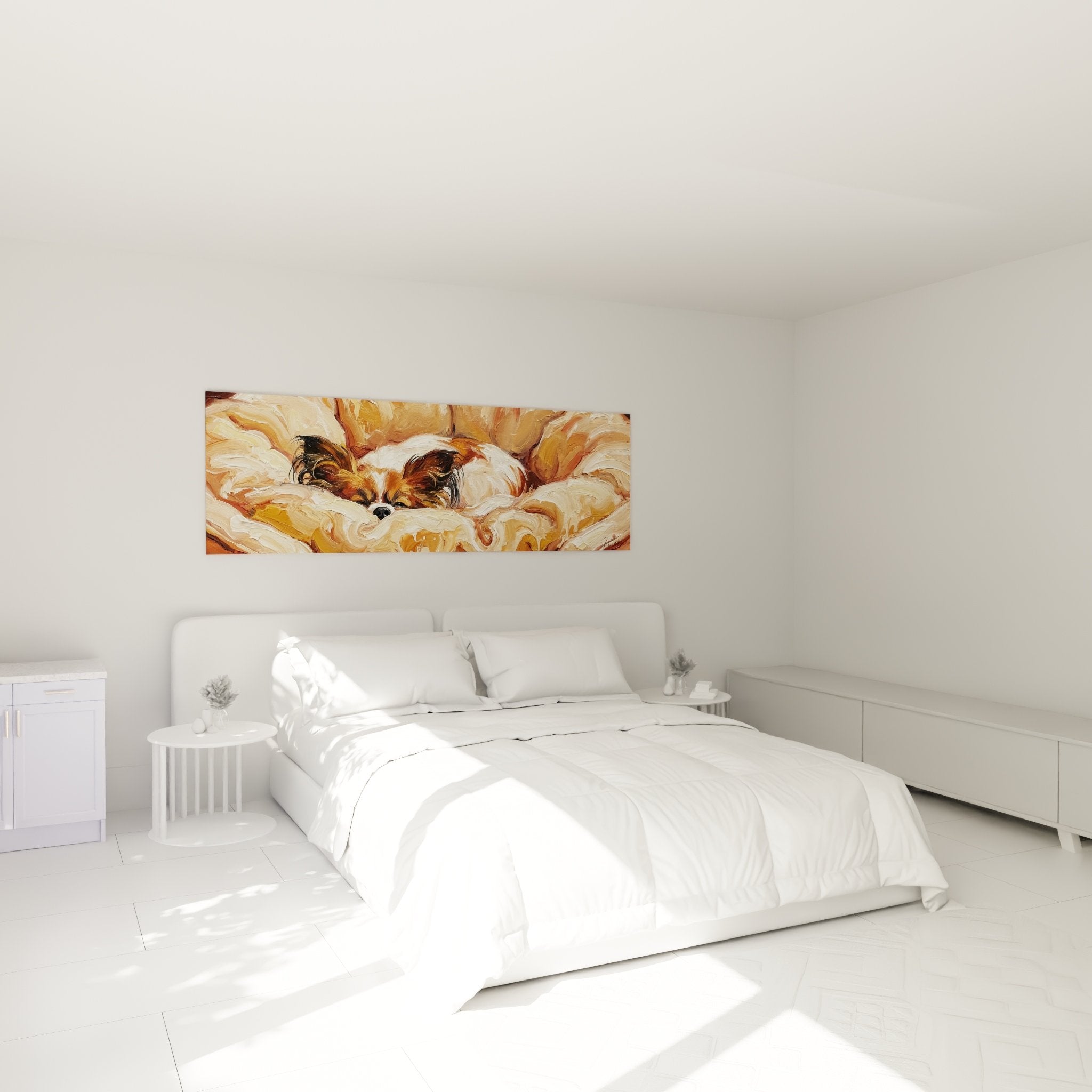 Décoration chambre tableau chien papillon doux tons beiges ambiance apaisante