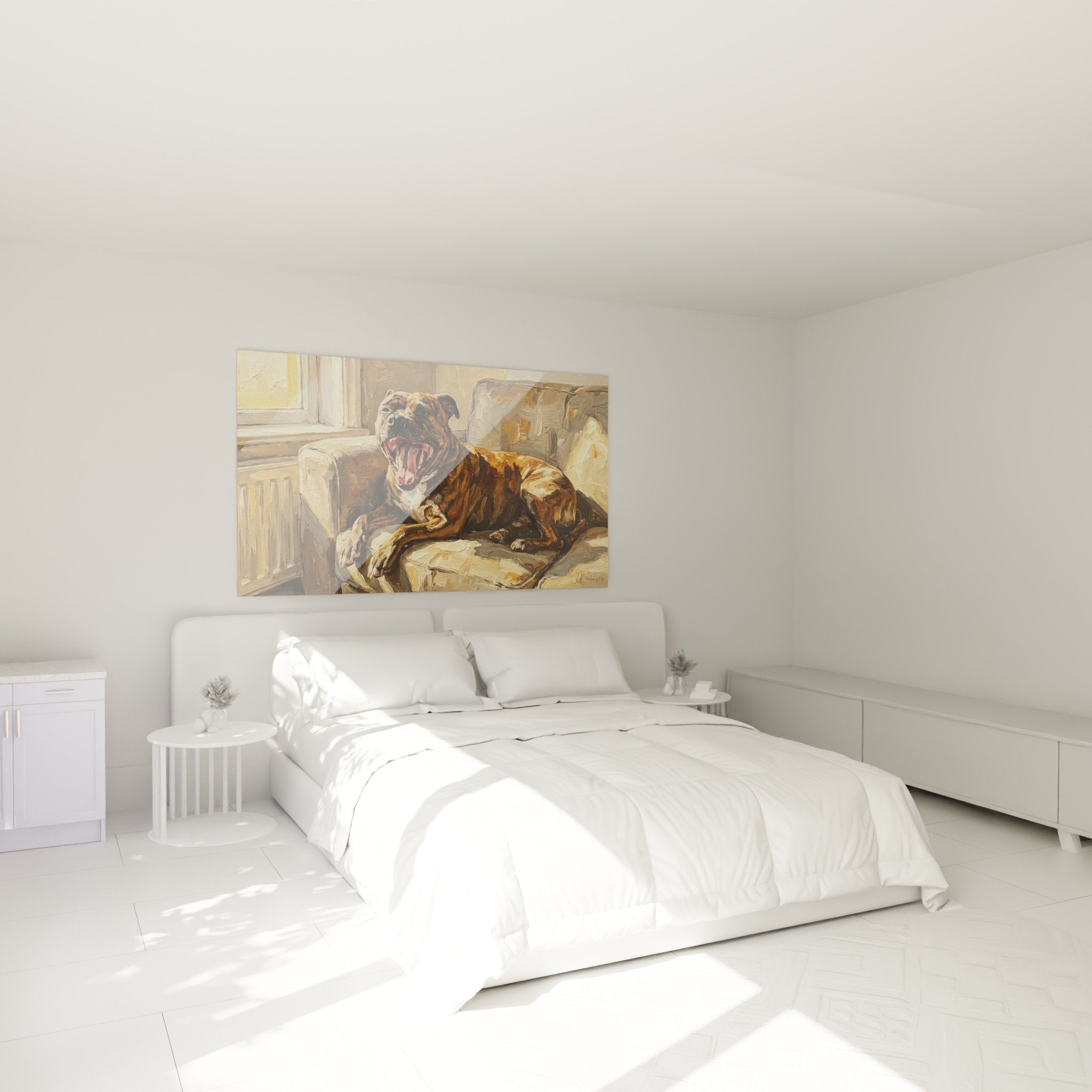 Gemälde Staffordshire Bull Terrier Hund gähnend Schlafzimmer Dekoration gemütliche Atmosphäre Gold- und Ockerfarben Wandkunst Hundekunst
