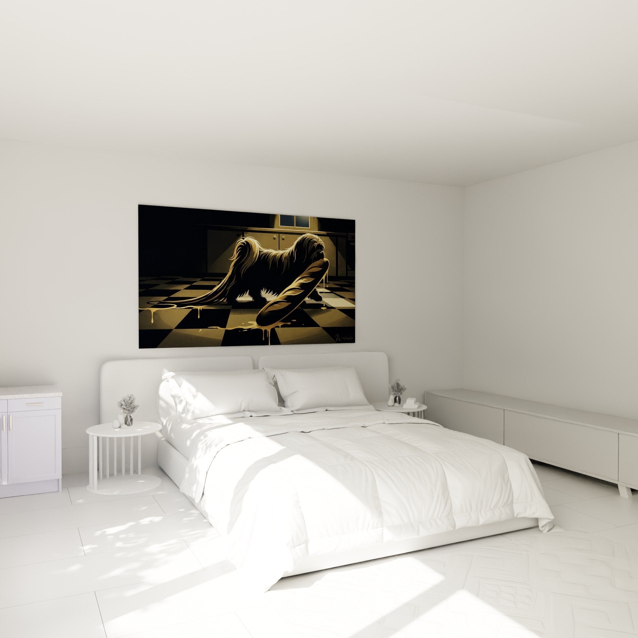 Décoration murale chambre chien tibétain aux coulures dorées ambiance contemporaine élégante