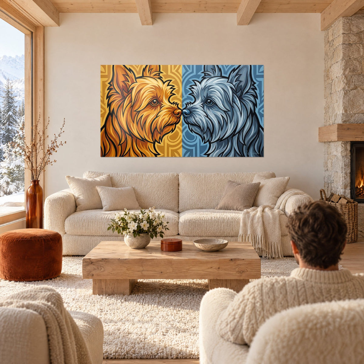 Gemälde Yorkshire-Terrier-Duo im Spiegelstil, goldenes und silbernes Fell auf gelbem und blauem Hintergrund, über einem Sofa in einem hellen Wohnzimmer