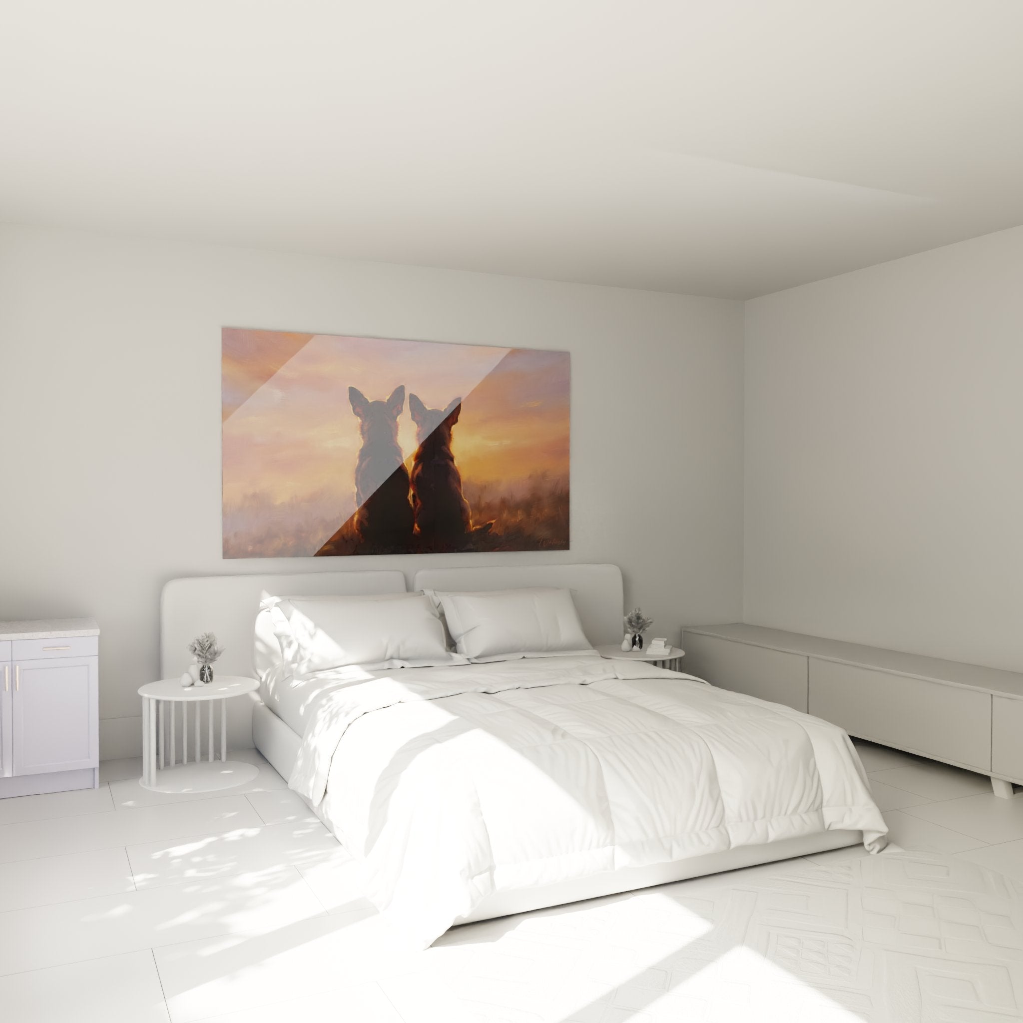 decoration chambre tableau chihuahuas coucher soleil ambiance doree apaisante chiens contemplatifs