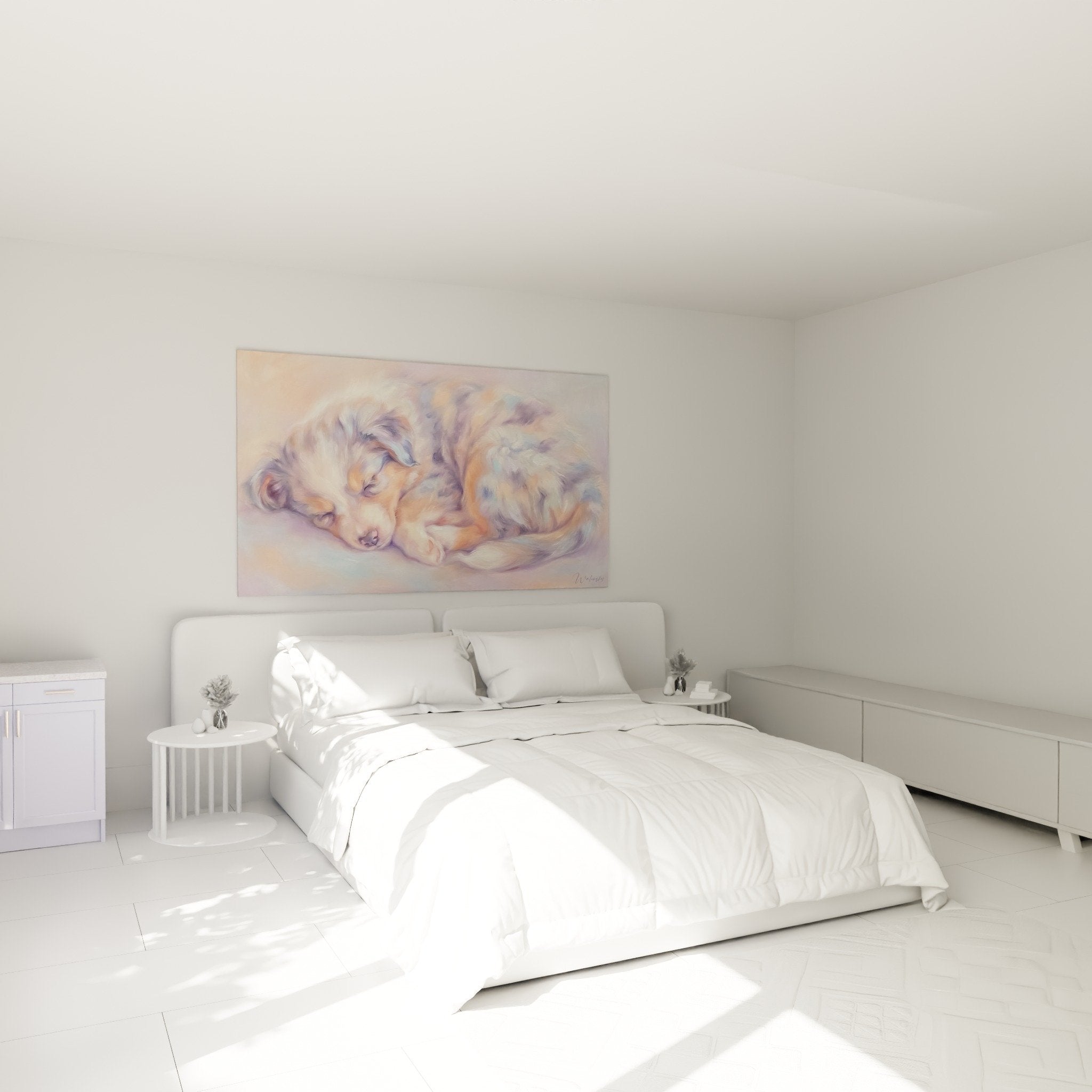 decoration chambre tableau chiot pastel berger americain miniature ambiance douce apaisante