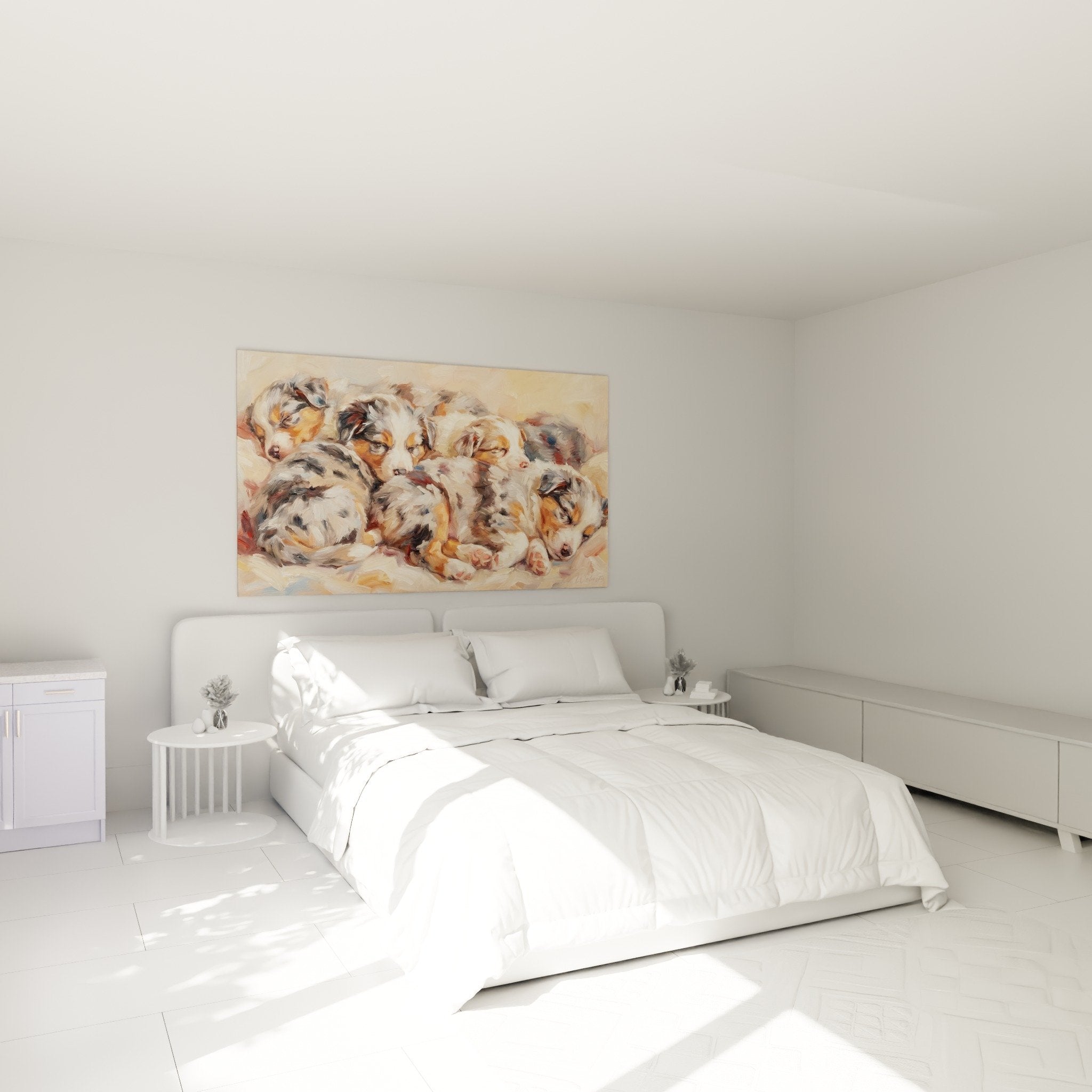 Decorazione murale cuccioli pastore tedesco in miniatura camera da letto ambiente morbido accogliente toni naturali
