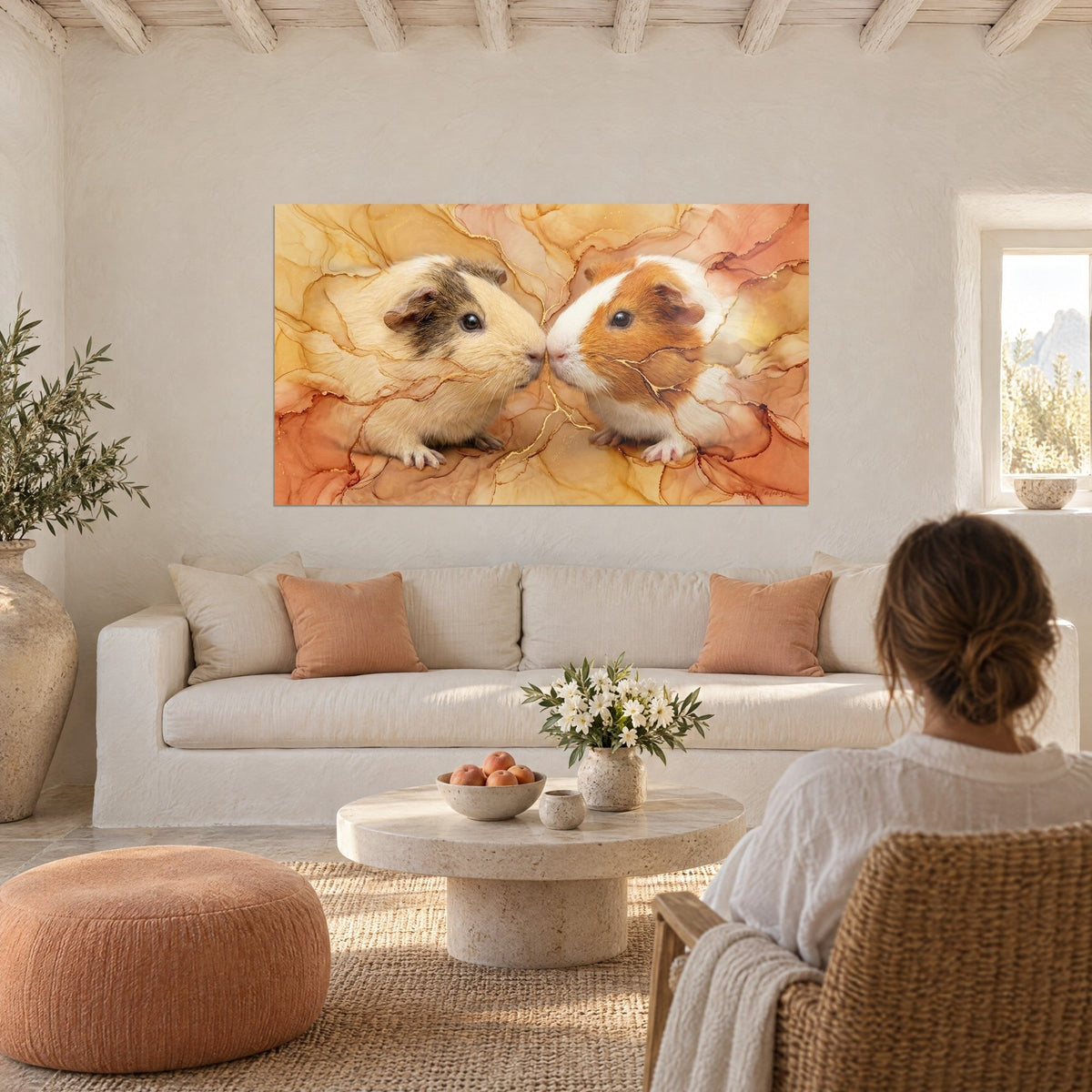Gemälde zwei Meerschweinchen Nase an Nase, Creme und Rotbraun, ockerfarbener marmorierter Hintergrund, über einem Sofa in einem hellen Wohnzimmer