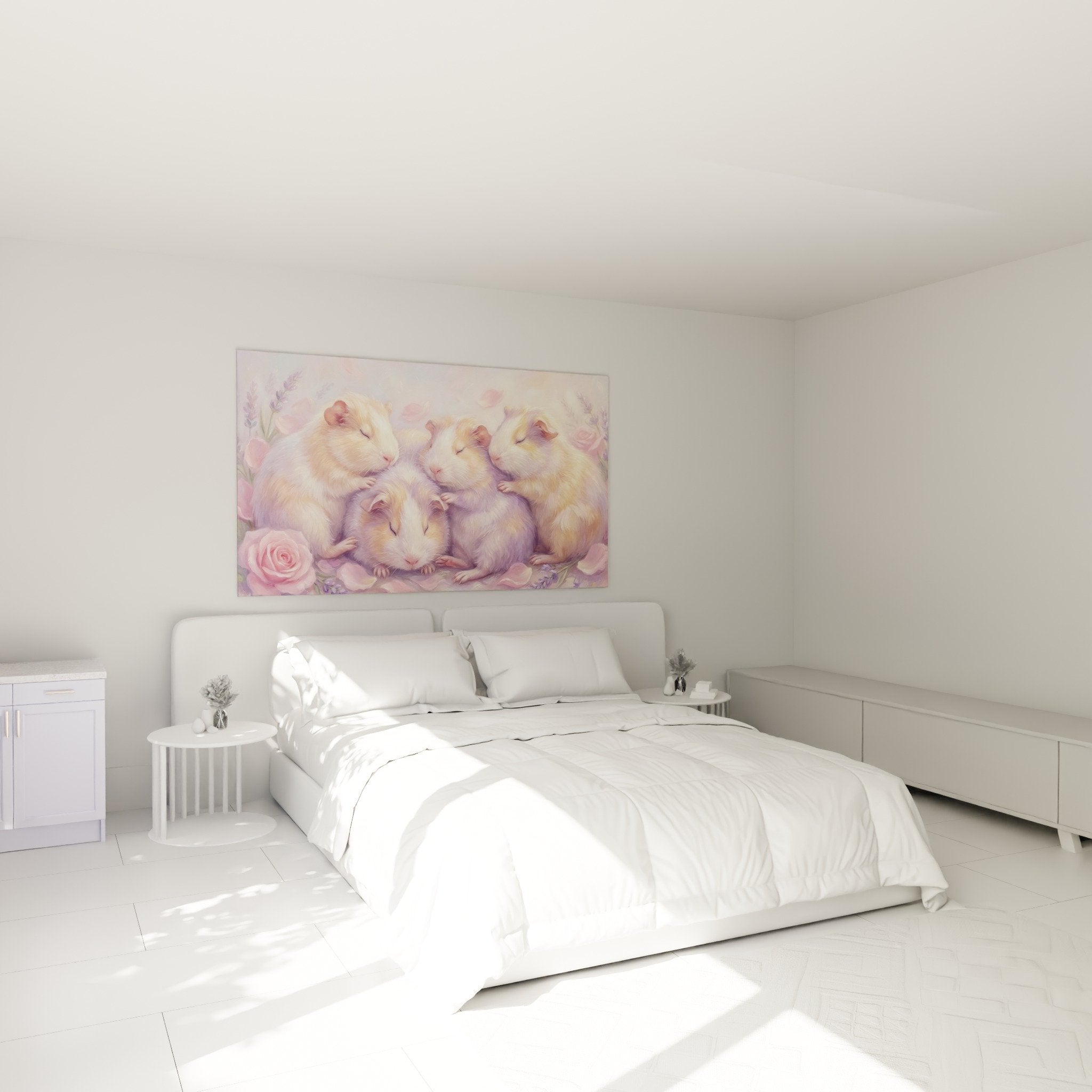 Wanddekoration Meerschweinchen Pastell im modernen Schlafzimmer mit sanfter und beruhigender Atmosphäre