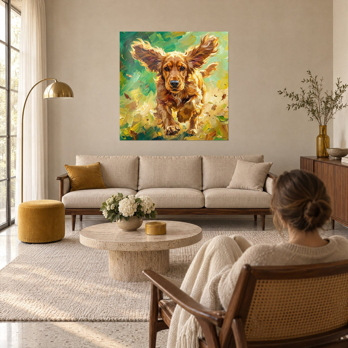 Cuadro de un cocker spaniel rojo con las orejas levantadas, pinceladas verdes y amarillas, sobre un sofá en un salón luminoso