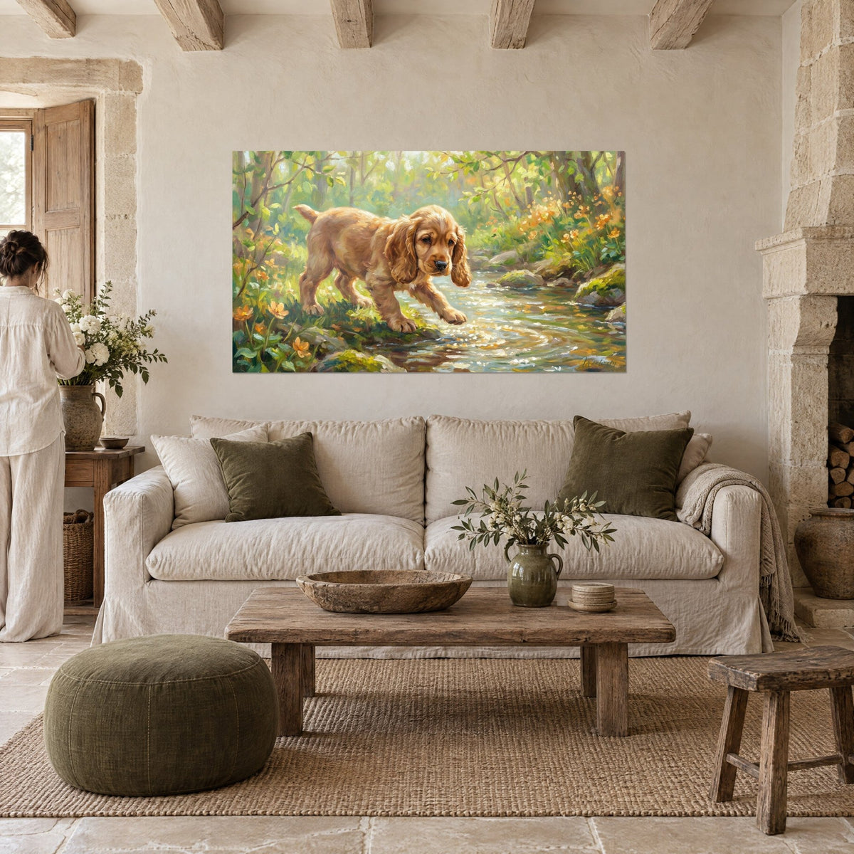 Wall art golden cocker spaniel puppy leaning over a stream, soft green foliage and orange flowers, above a sofa in a bright living room