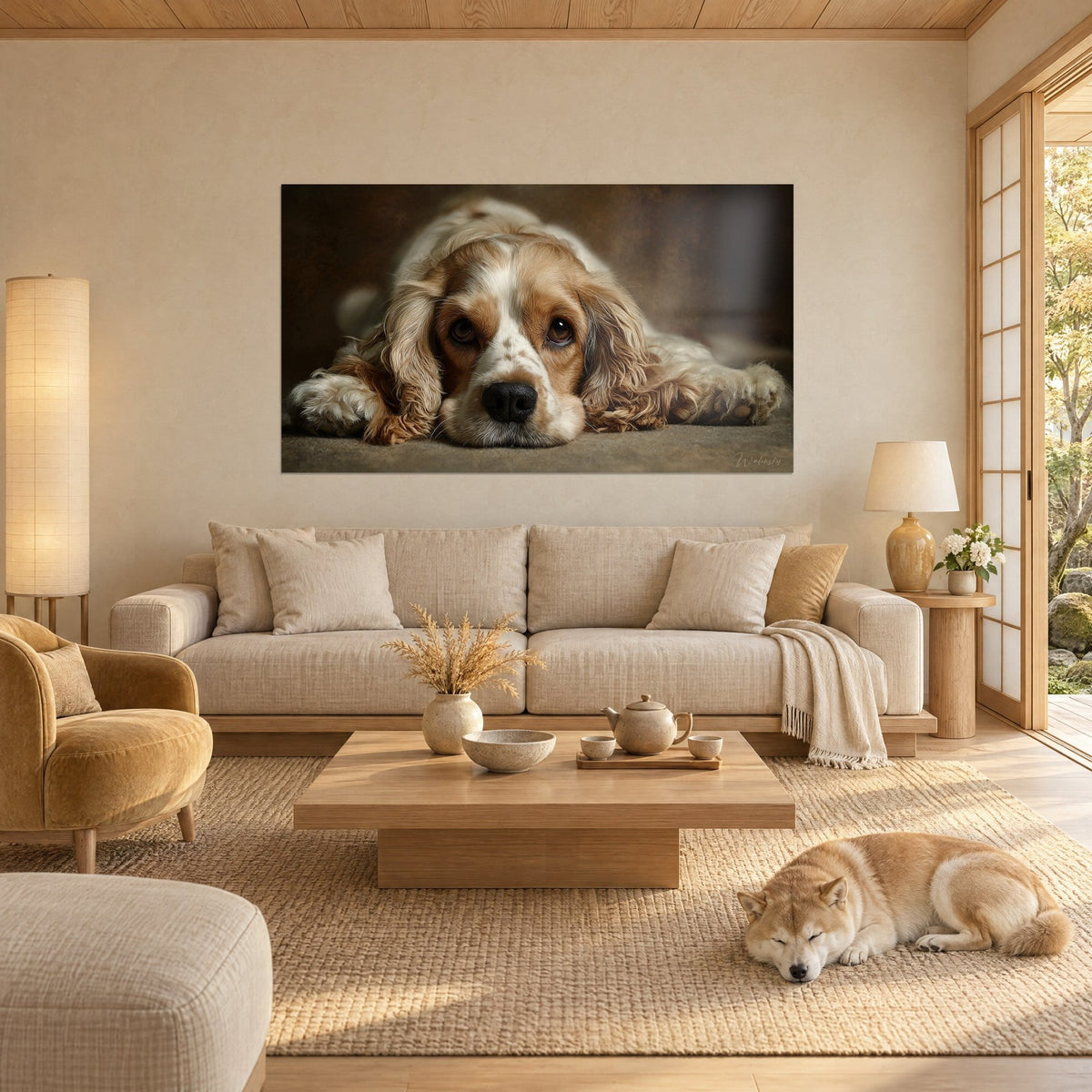 Tableau cocker spaniel couché, oreilles bouclées caramel et museau blanc tacheté, fond brun, au-dessus d'un canapé dans un salon lumineux