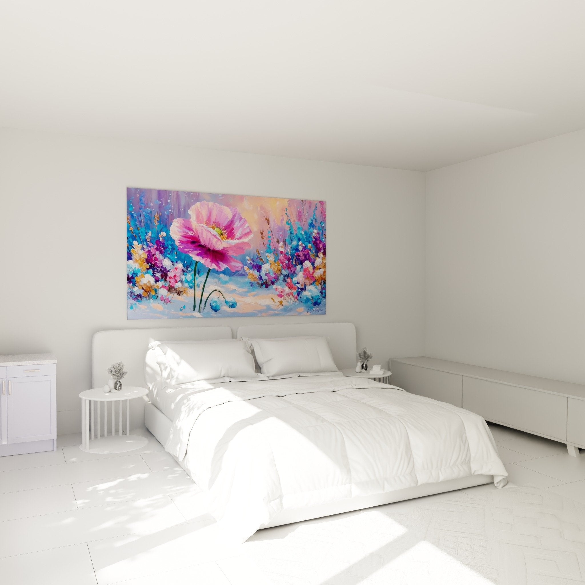 Soft pink poppy wall decoration on snow in master bedroom with gentle romantic ambiance