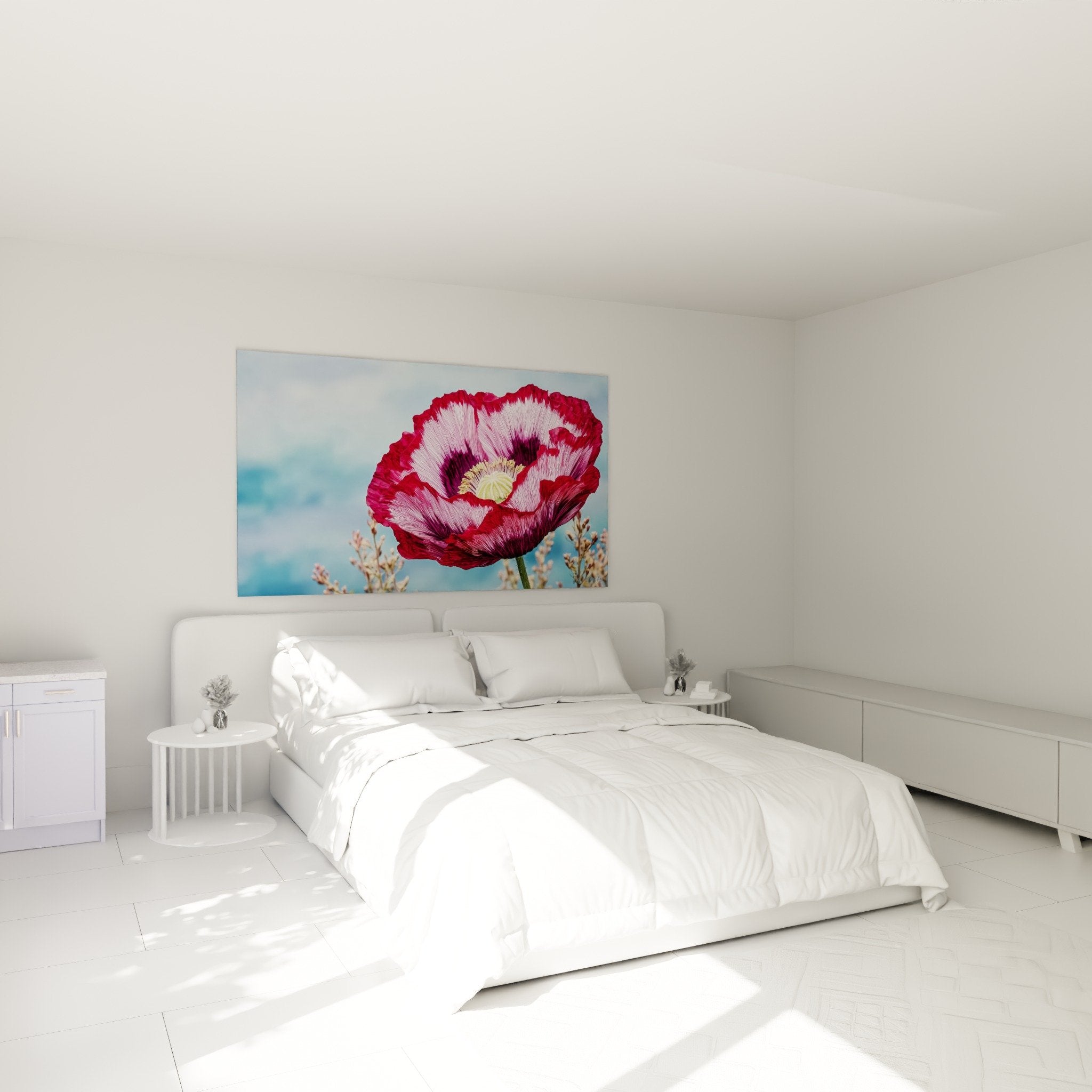 Bedroom decoration with red pink flower painting - poppy floral ambiance