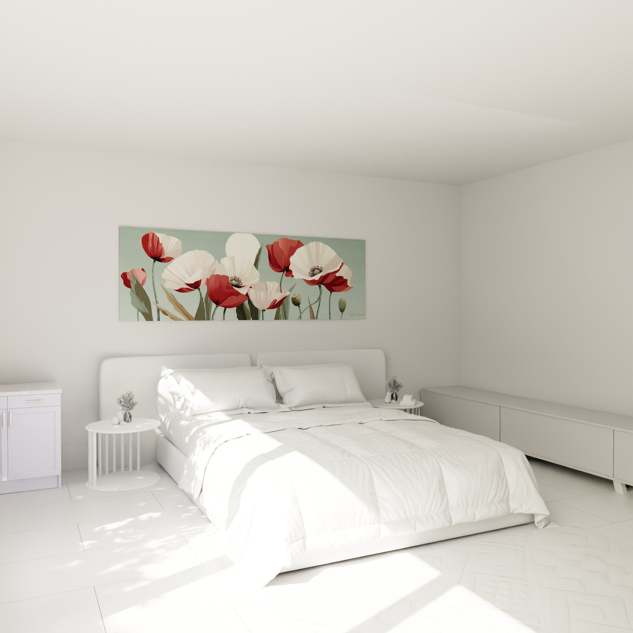decoration chambre tableau coquelicots rouge blanc ambiance douce romantique tete de lit florale