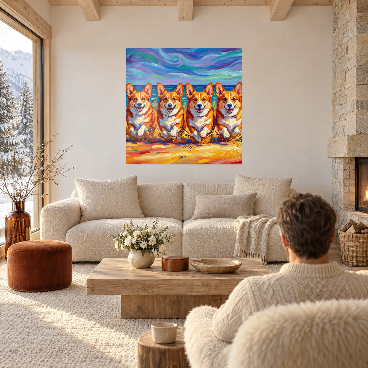 Quadro quattro corgi rossi e bianchi che corrono, cielo blu e viola vorticoso, sopra un divano in un soggiorno luminoso