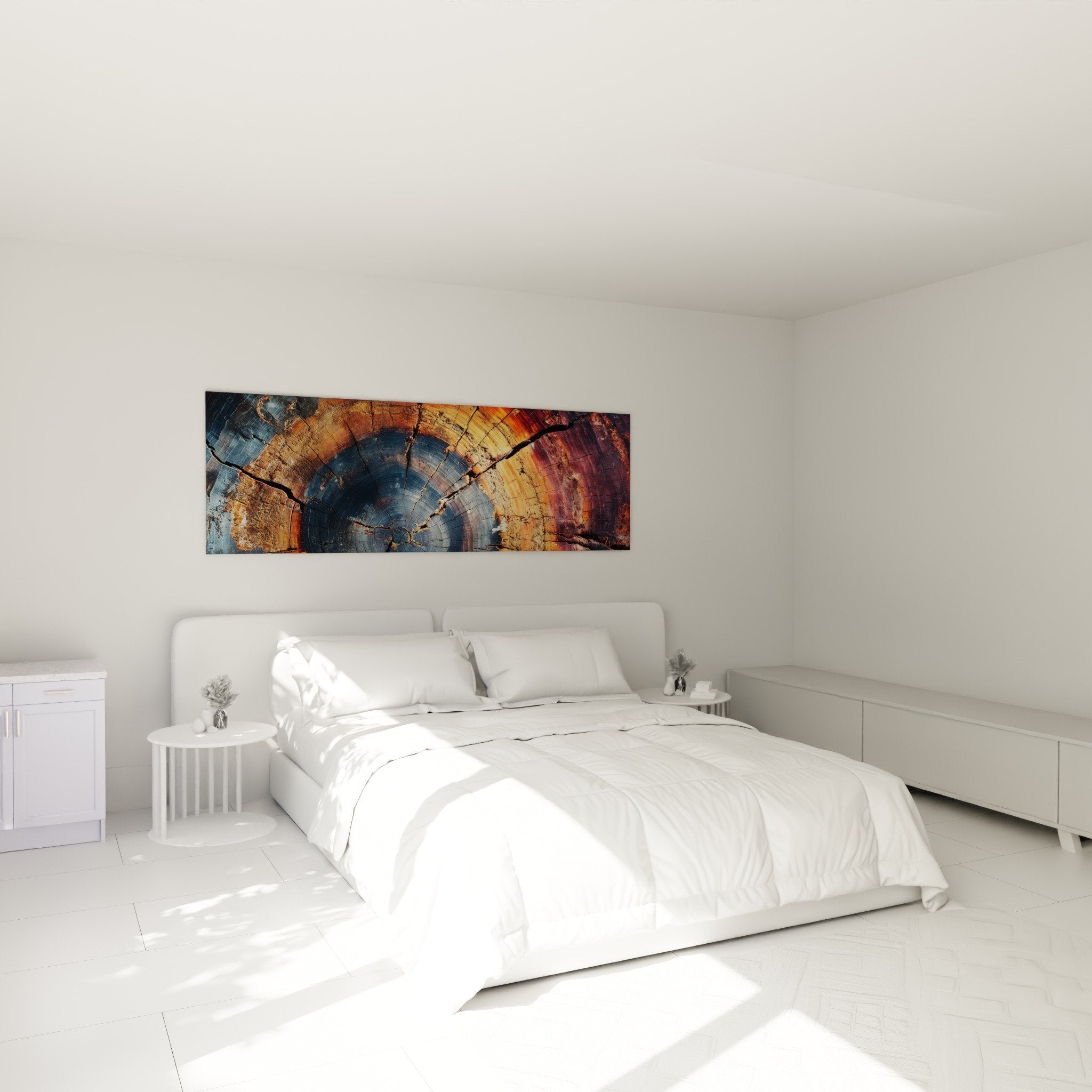 Decoration chambre tableau coupe bois cercles croissance bleu orange tete lit ambiance naturelle zen