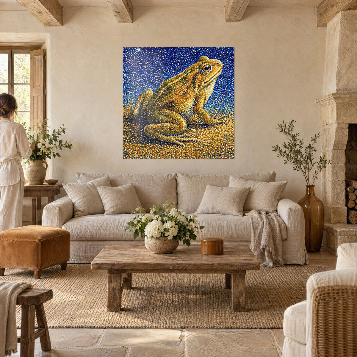 Quadro rospo puntinista dorato dagli occhi arancioni su sfondo blu notte, persona di spalle sopra un divano in un soggiorno luminoso