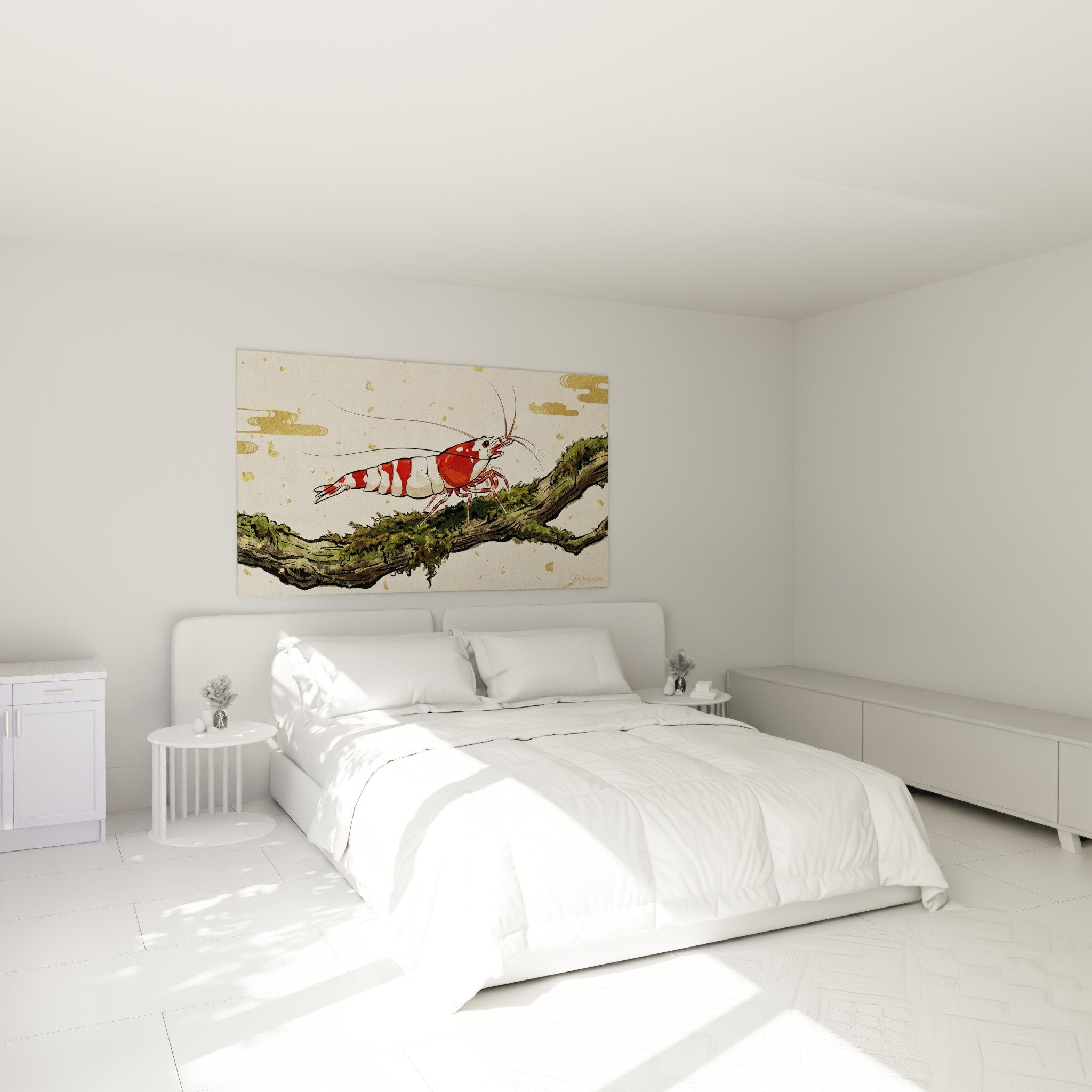 Schlafzimmer Dekoration Kunstdruck Garnele japanische Kunst rot weiß Zen Atmosphäre natürlich Garnele Edition
