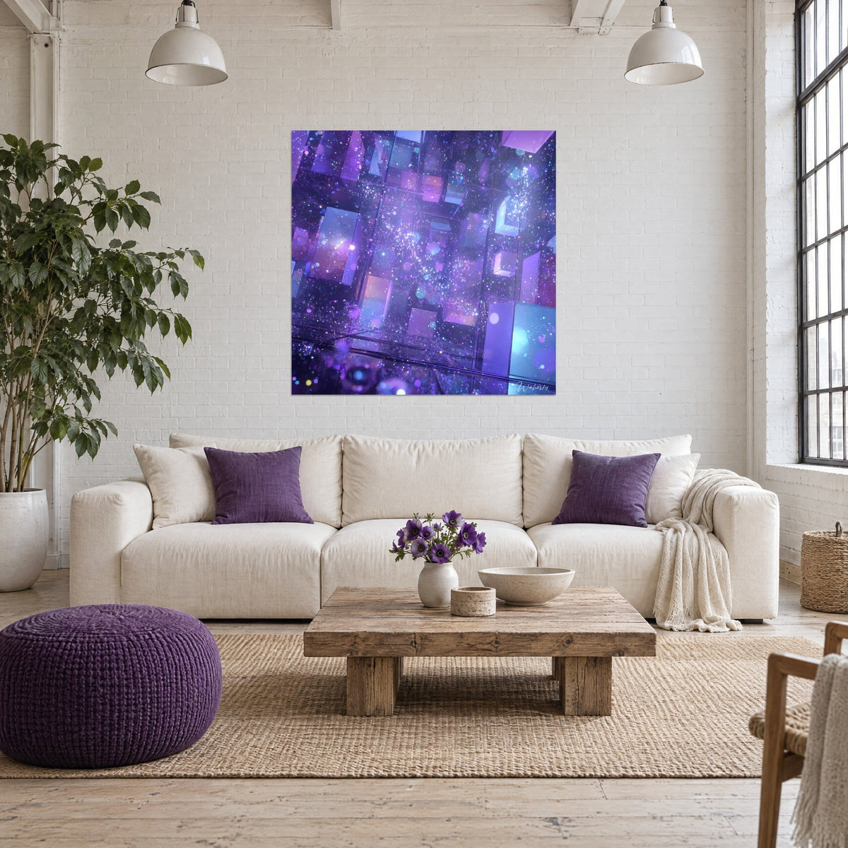 Quadro cubi di cristallo fluttuanti in un cosmo viola e blu, glitter scintillante, sopra un divano in un soggiorno luminoso