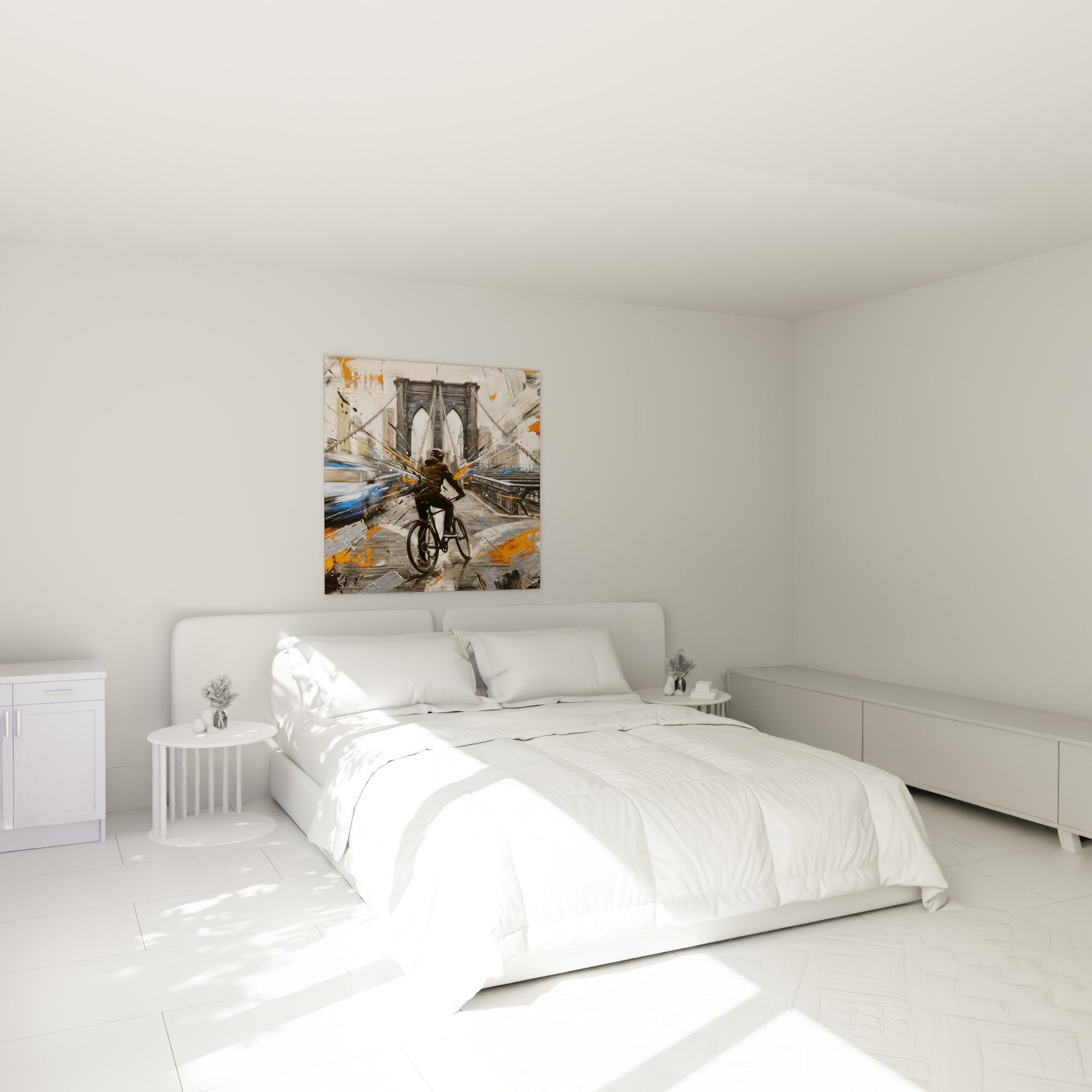Decoration murale cycliste Brooklyn dans chambre moderne ambiance urbaine orange et gris