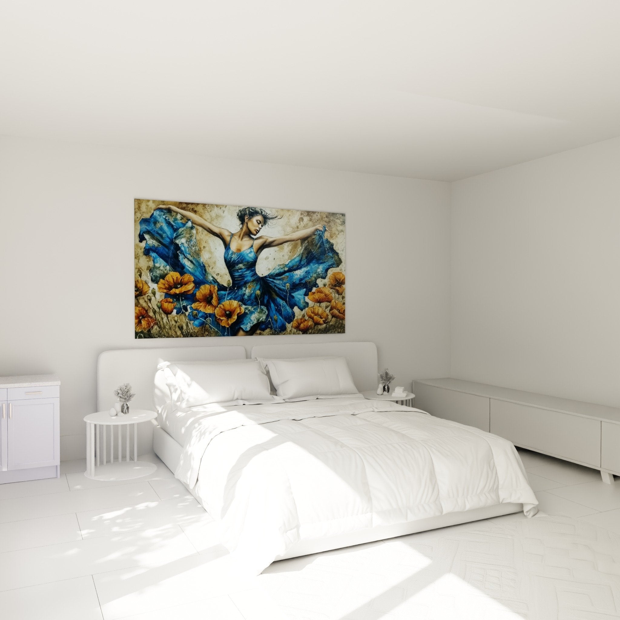 decorazione murale camera donna danza papaveri blu arancione atmosfera artistica contemporanea rilassante