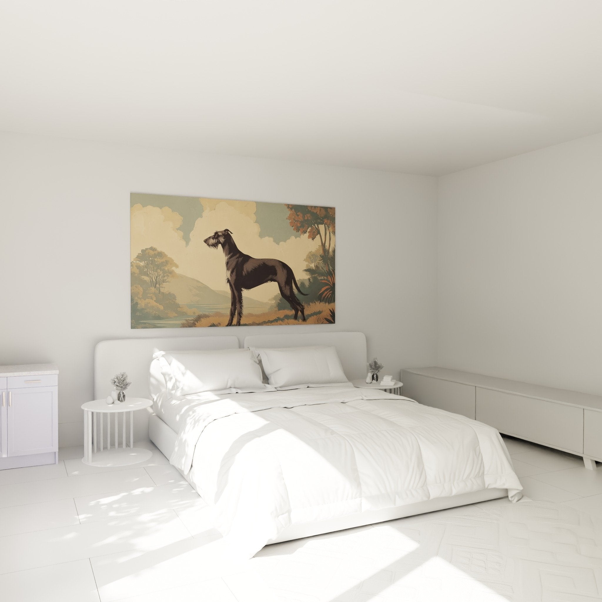 wanddekoration deerhound schlafzimmer beruhigende atmosphäre beige- und ockertoene romantische pastorale stimmung