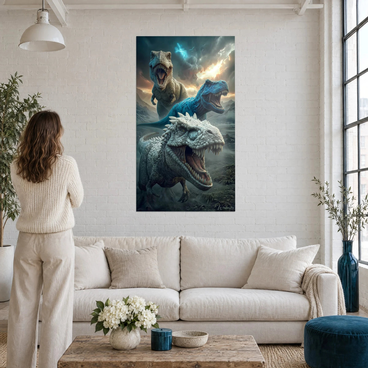 Wall art trio of roaring T-rexes beneath a stormy blue and amber sky, woman seen from behind, above a sofa in a bright living room