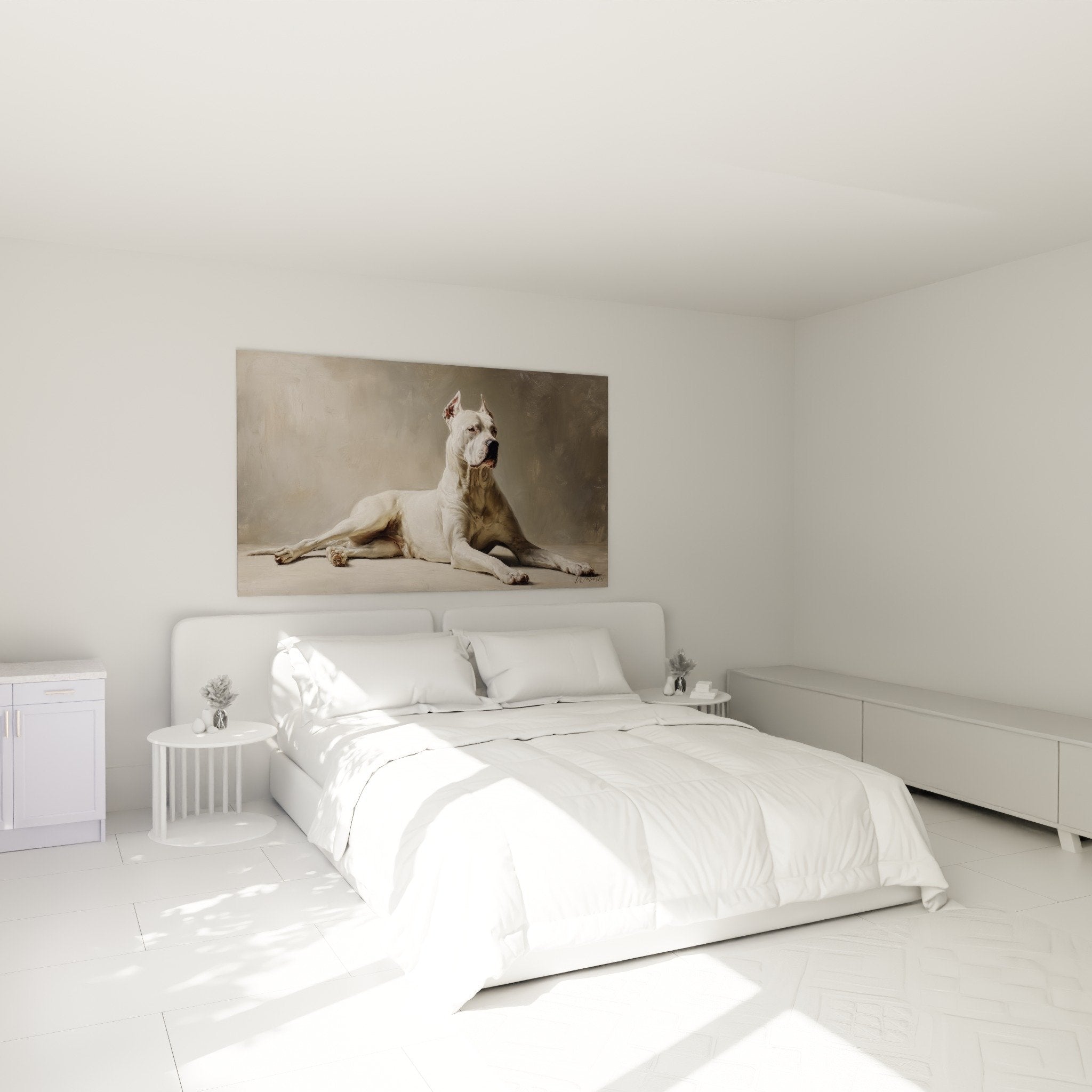 deco chambre tableau dogue argentin blanc ambiance apaisante tons neutres art mural elegant
