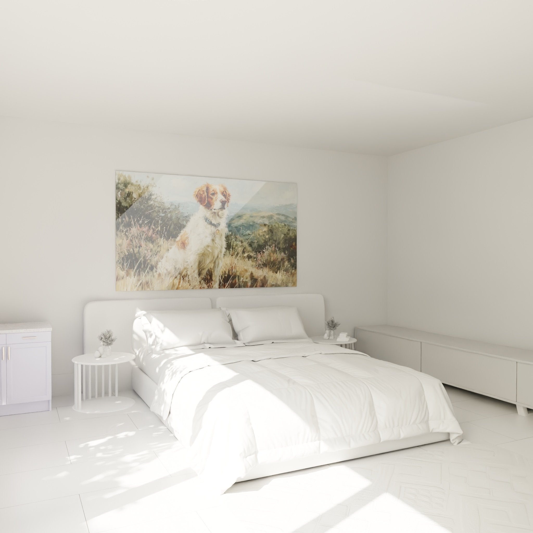 decoration chambre tableau epagneul breton paysage rural art canin mural design interieur authentique