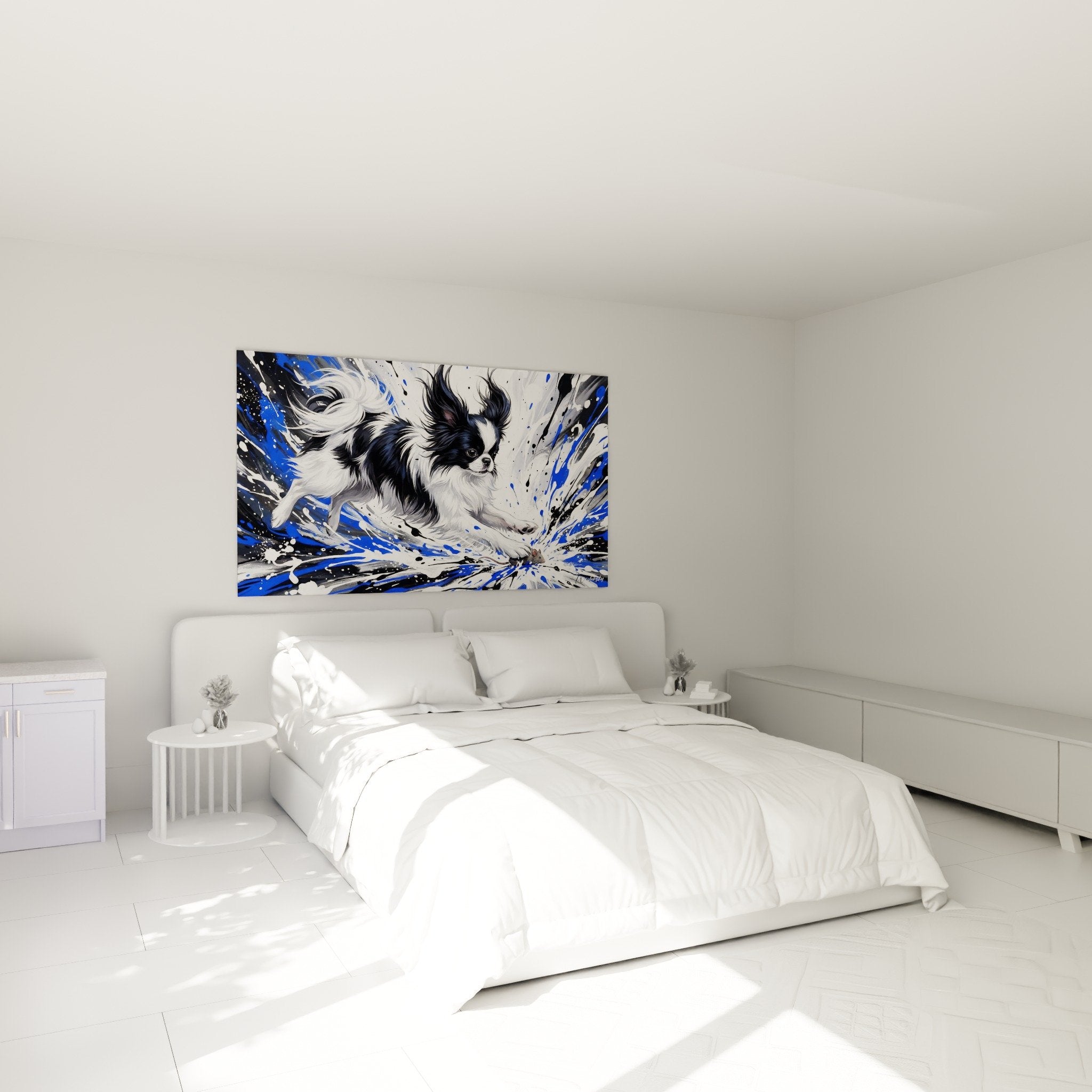 Decoration murale chambre epagneul japonais art contemporain bleu gris blanc