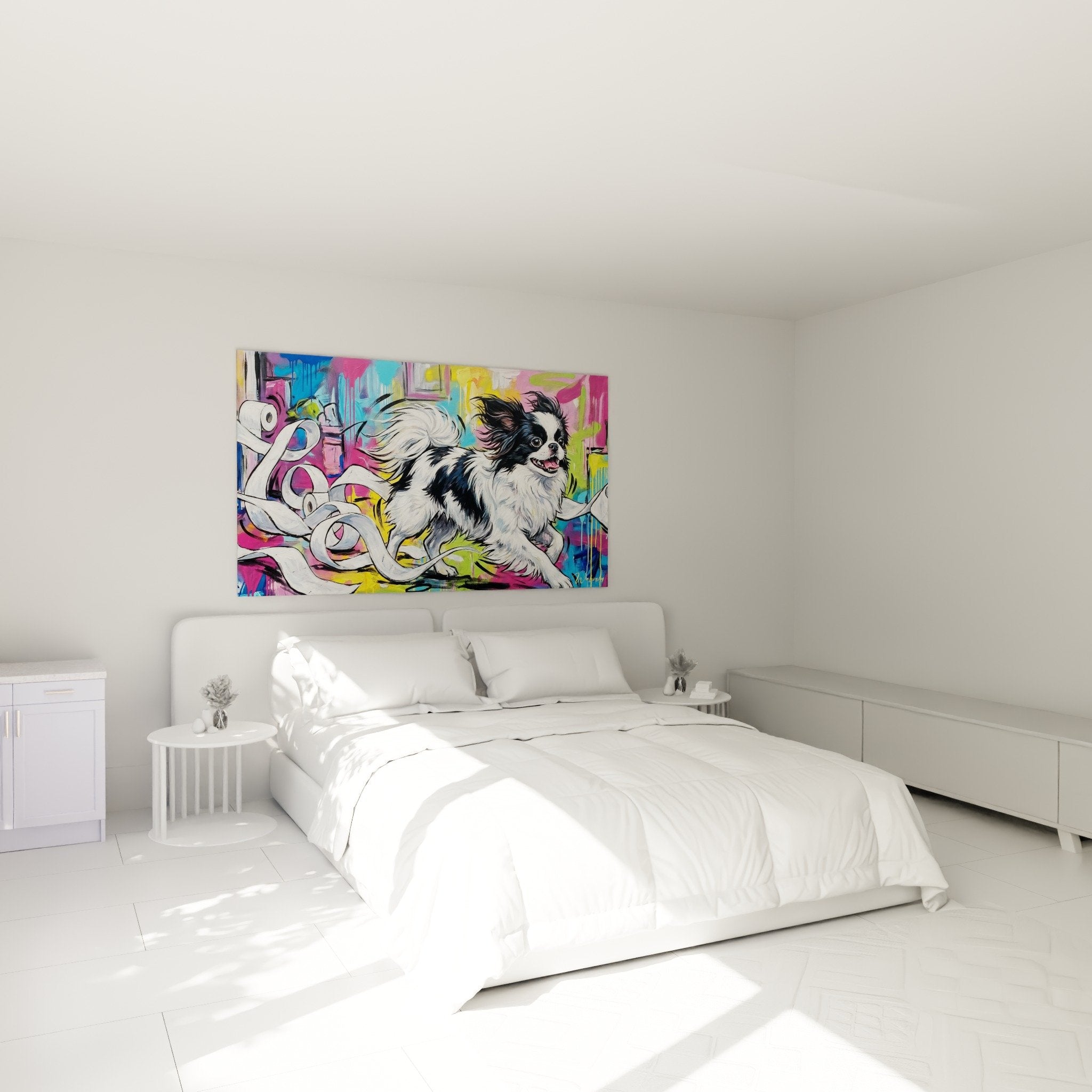 Tableau chien épagneul japonais coloré décorant chambre moderne mur blanc ambiance joyeuse art contemporain