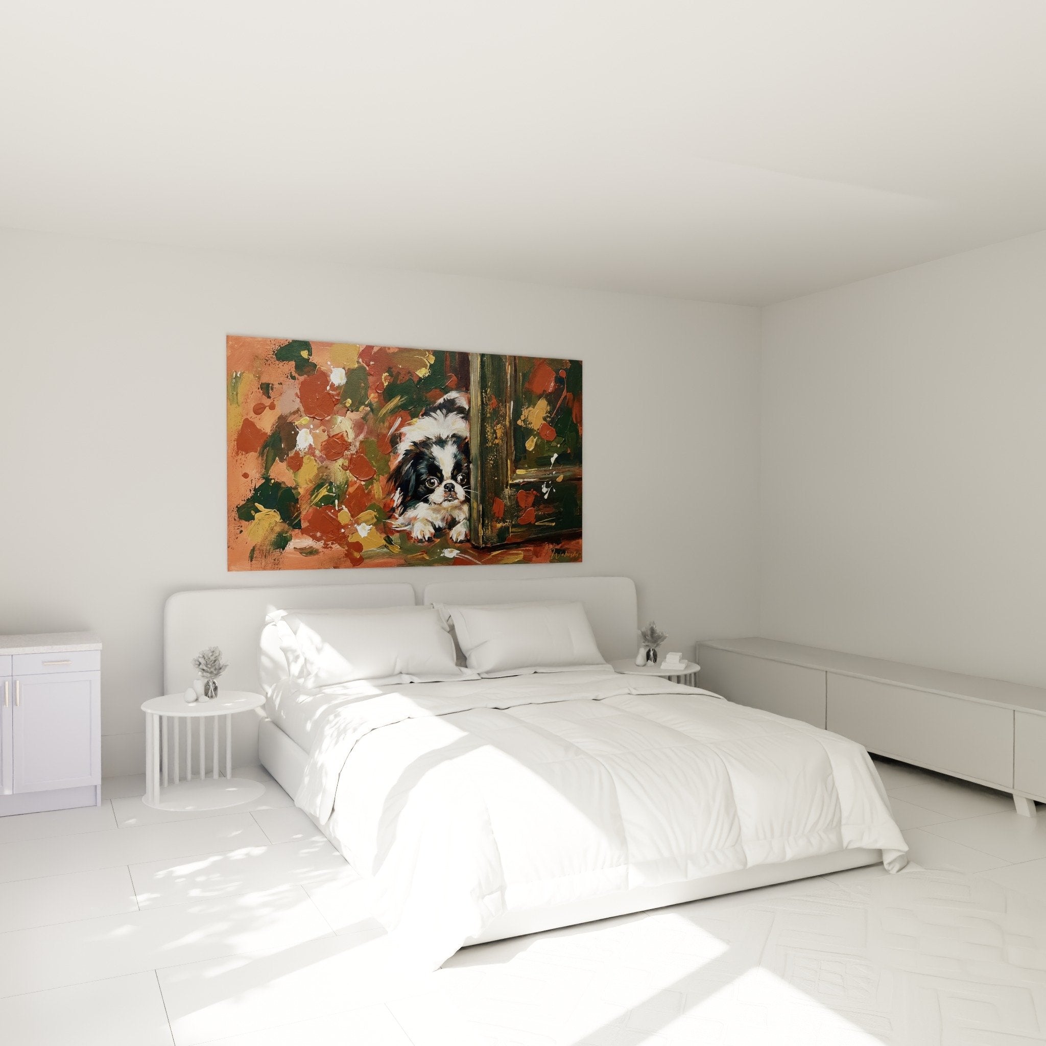 Décoration chambre tableau épagneul japonais fenêtre éclaboussures colorées art contemporain mural