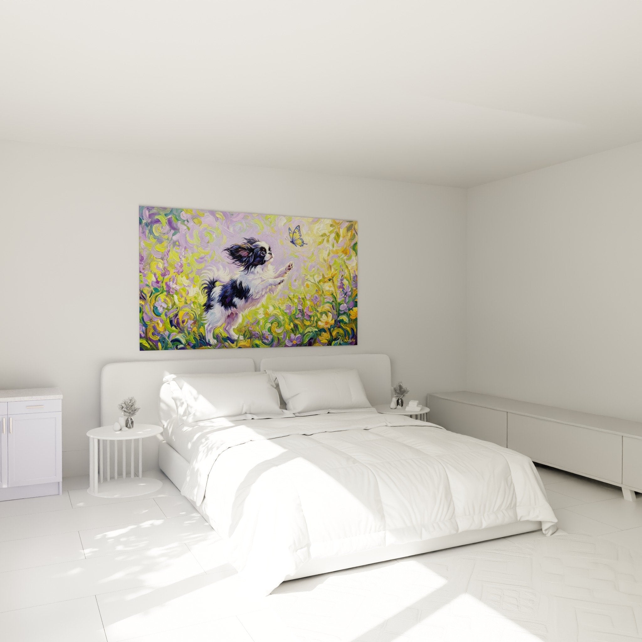 deco murale chambre epagneul japonais fleurs violettes ambiance douce et poetique style tourbillonnant
