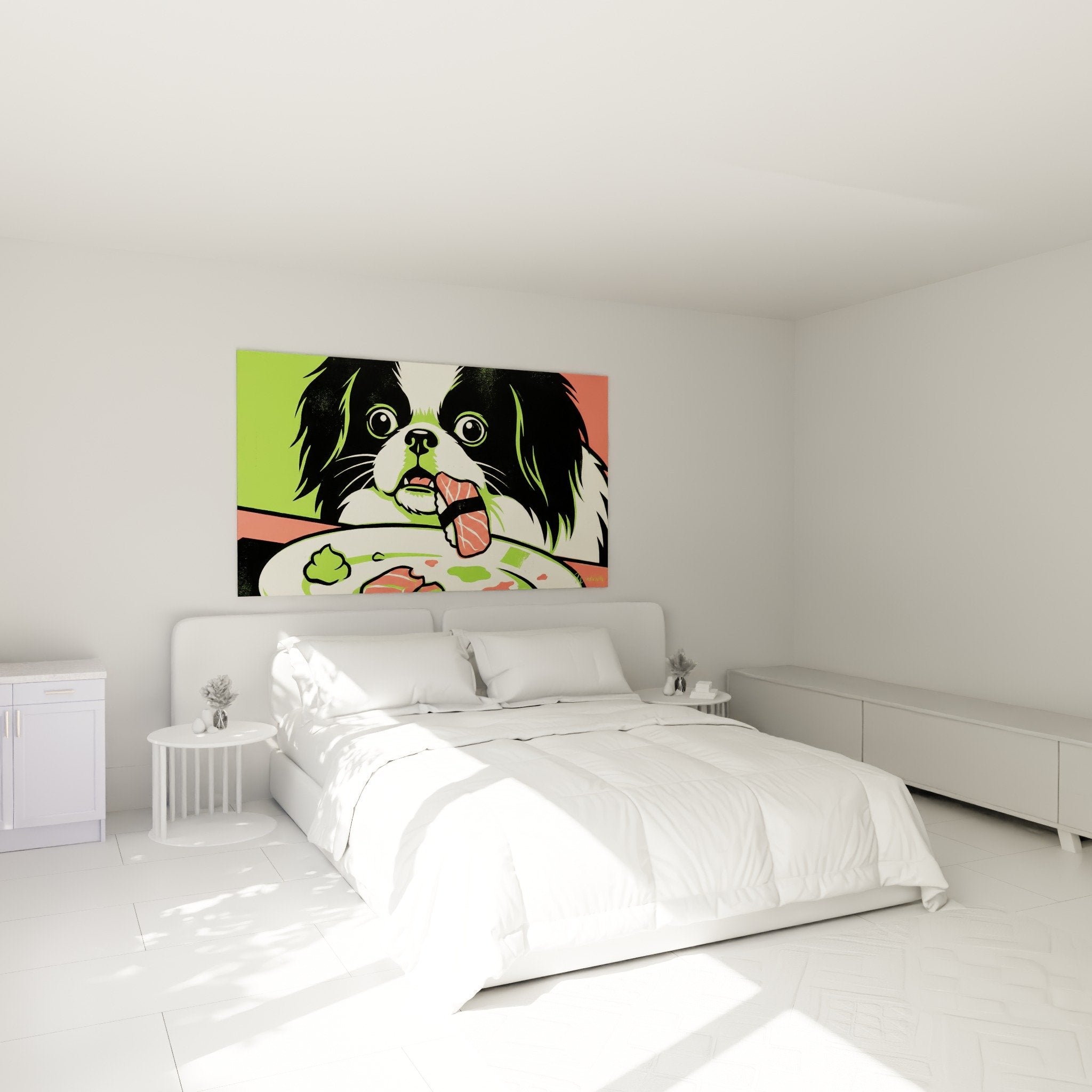 Décoration murale chambre avec tableau Epagneul Japonais coloré style pop art, ambiance moderne et chaleureuse