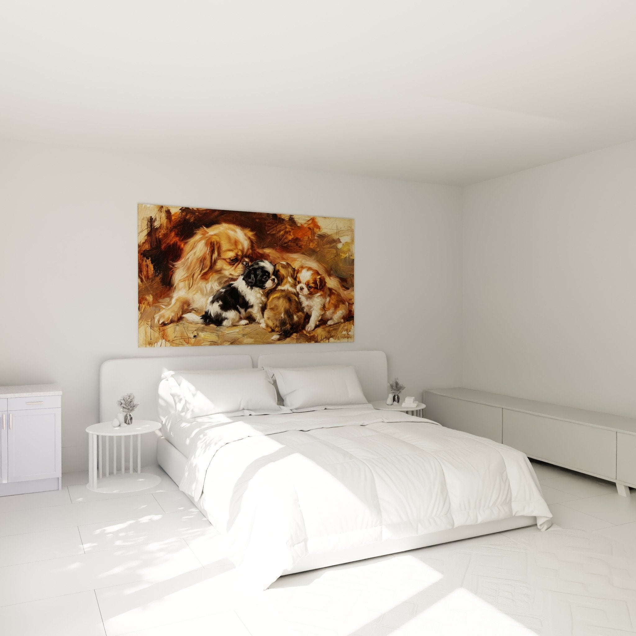 Decorazione camera quadro spaniel giapponese famiglia toni caldi atmosfera accogliente