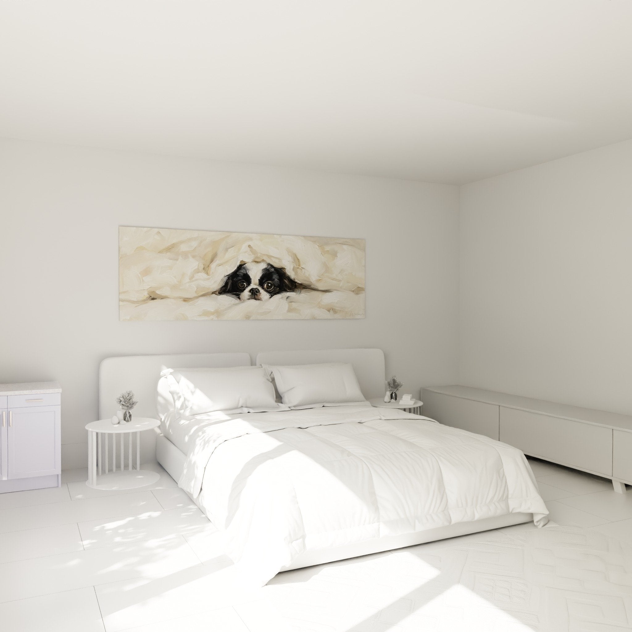 Bedroom wall art Japanese spaniel painting beige tones soft cosy atmosphere white wall natural furniture