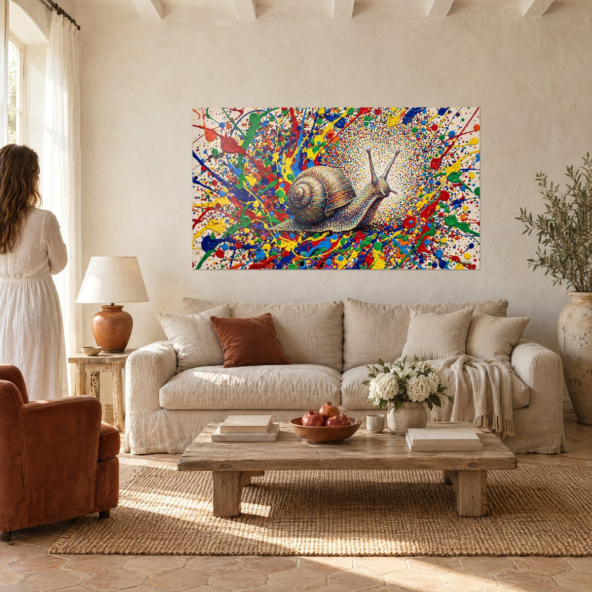 Quadro lumaca con guscio a spirale beige, circondata da schizzi di colore rossi, gialli e blu, sopra un divano in un soggiorno luminoso