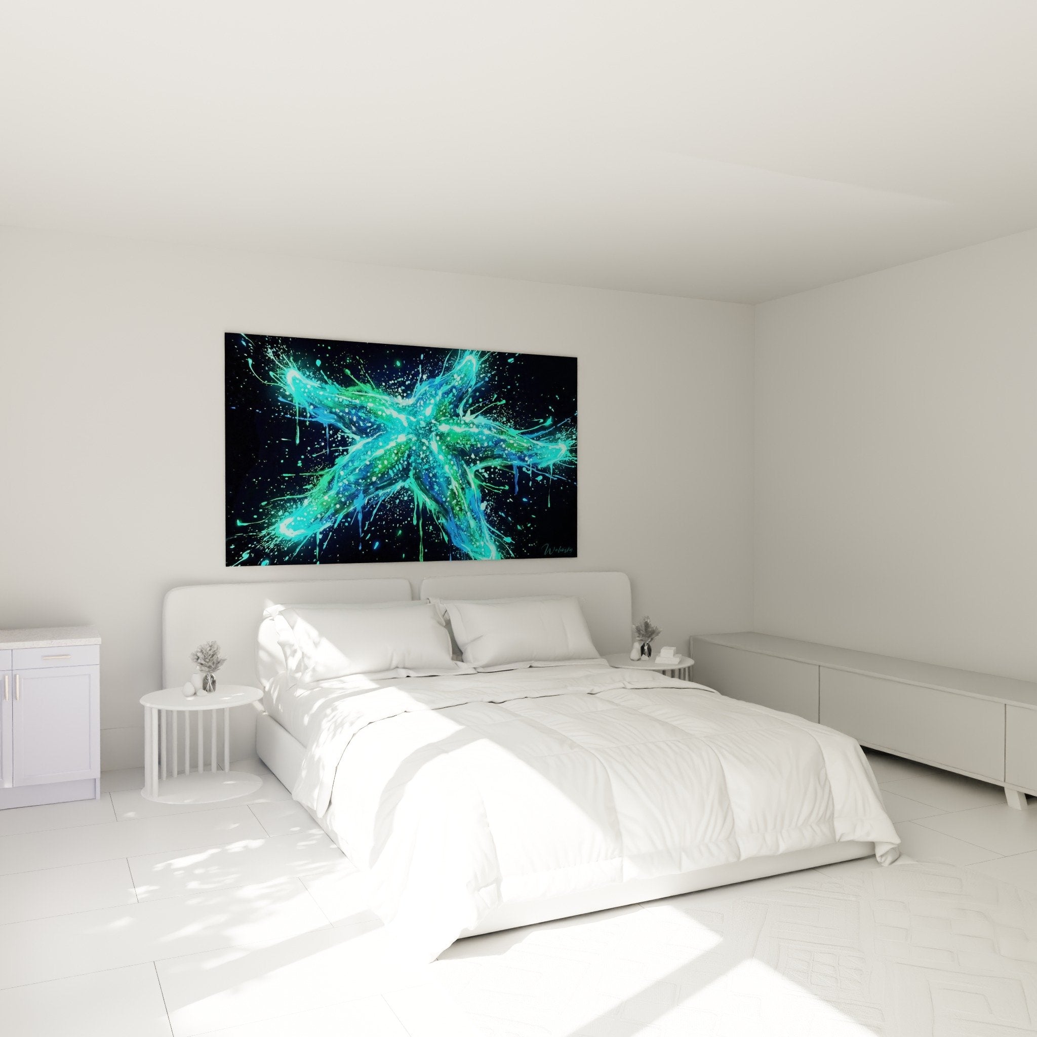 wanddekoration leuchtender seestern türkis modernes schlafzimmer marine atmosphäre beruhigend