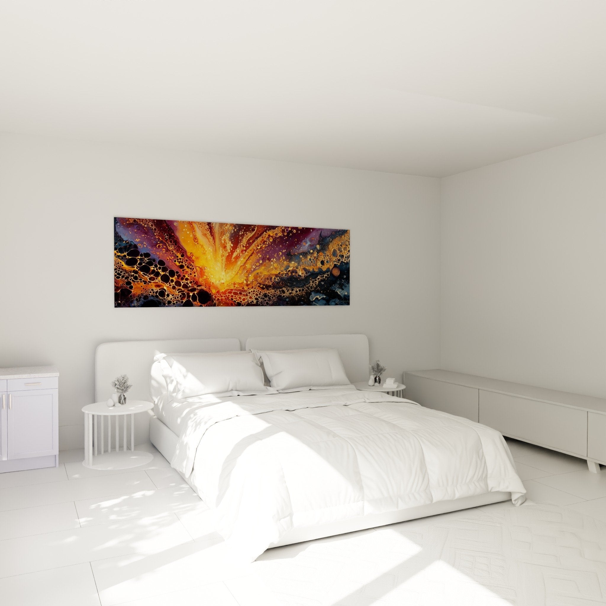 Deco chambre tableau explosion cosmique orange violet ambiance energisante feng shui sud est bois