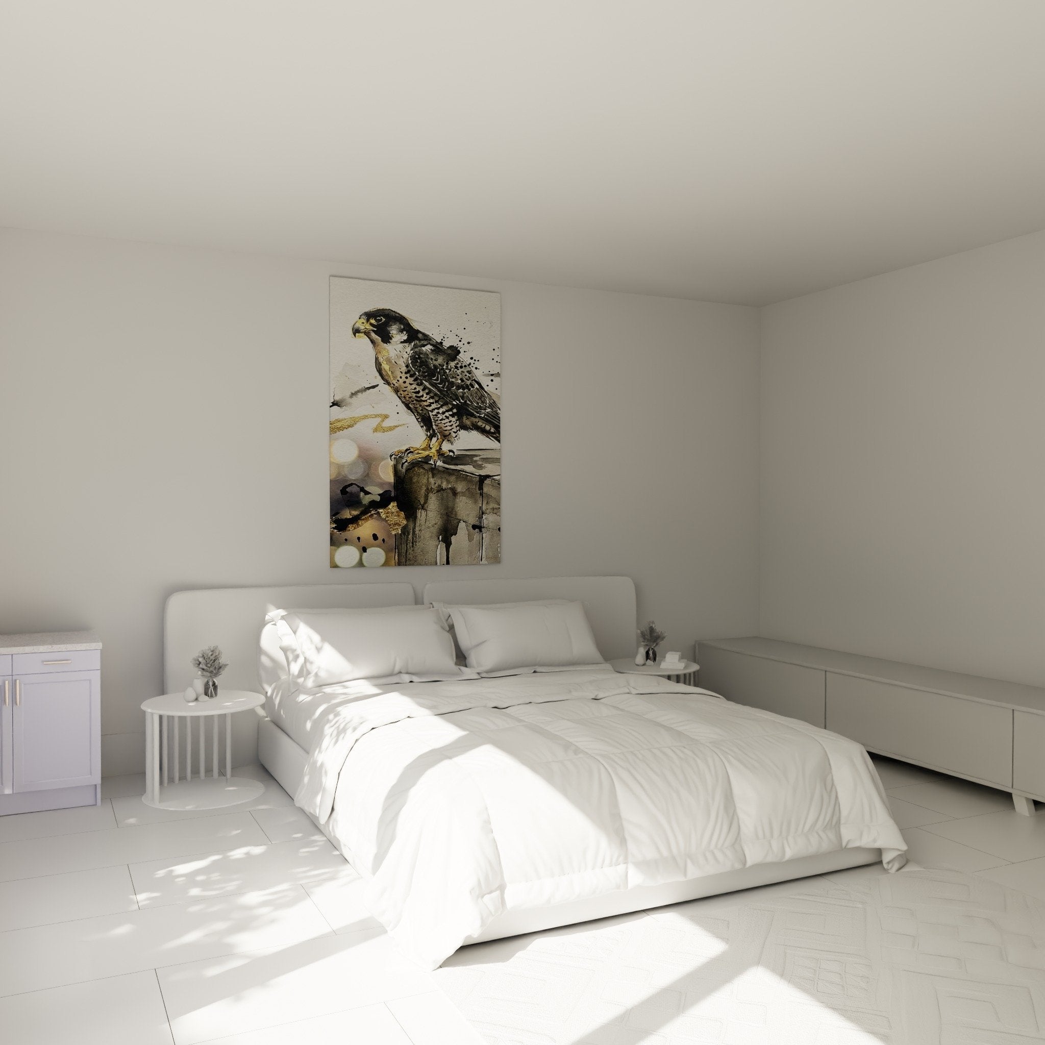 Schlafzimmer Deko Gemälde Falke Aquarell grau gold elegante natürliche Atmosphäre Wandkunst Raubvogel