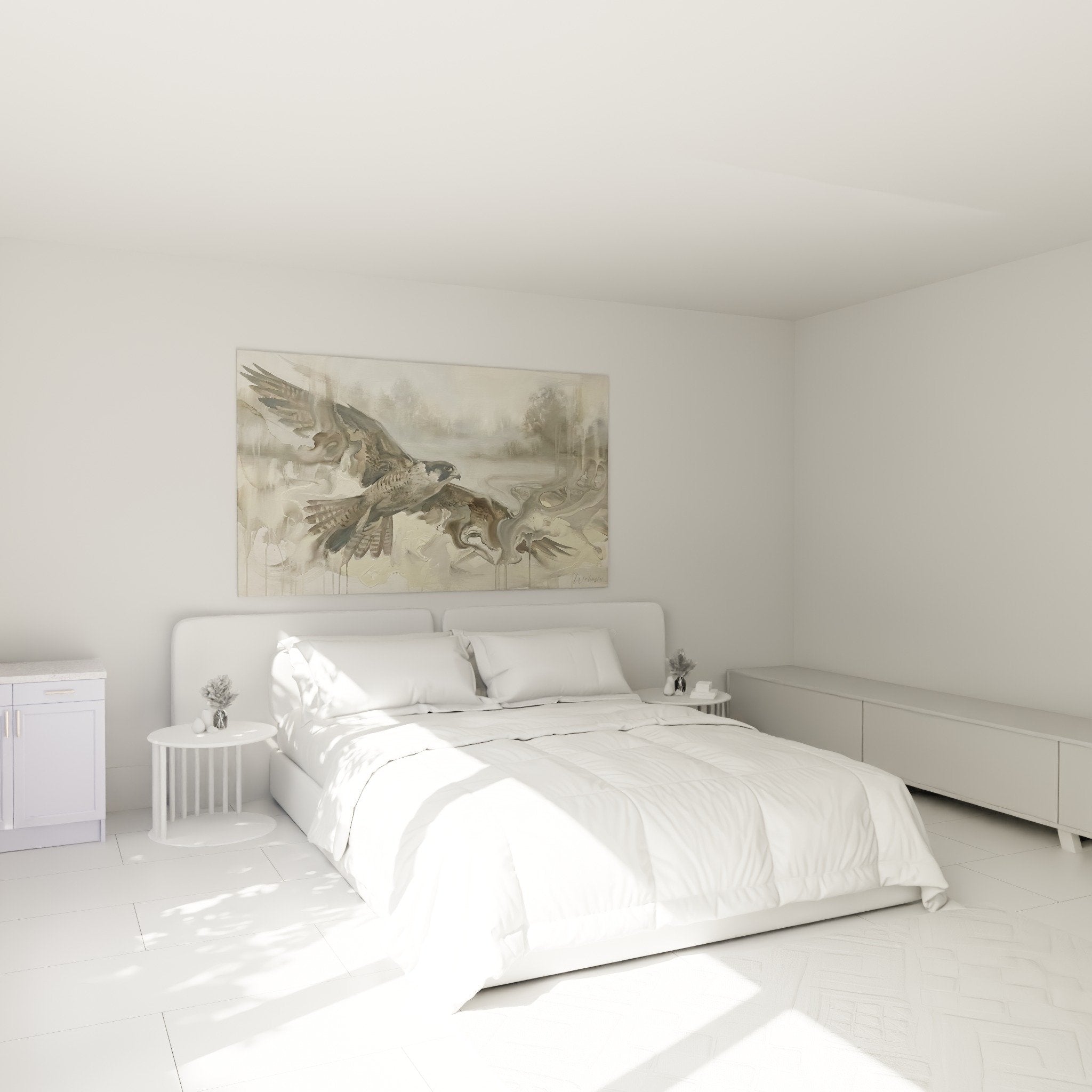 Schlafzimmer Dekoration Gemälde Falke sanfte Farben zen Natur elegant