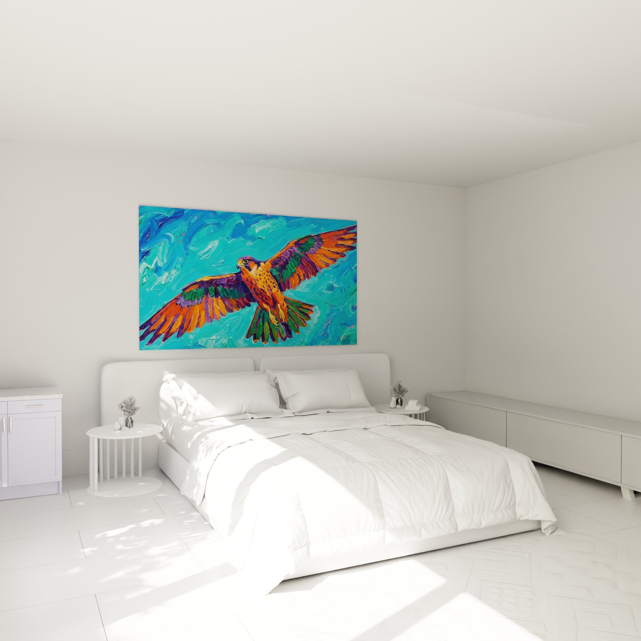 Wanddekoration Schlafzimmer Falke mehrfarbig orange violett türkis Gemälde zeitgenössische Kunst