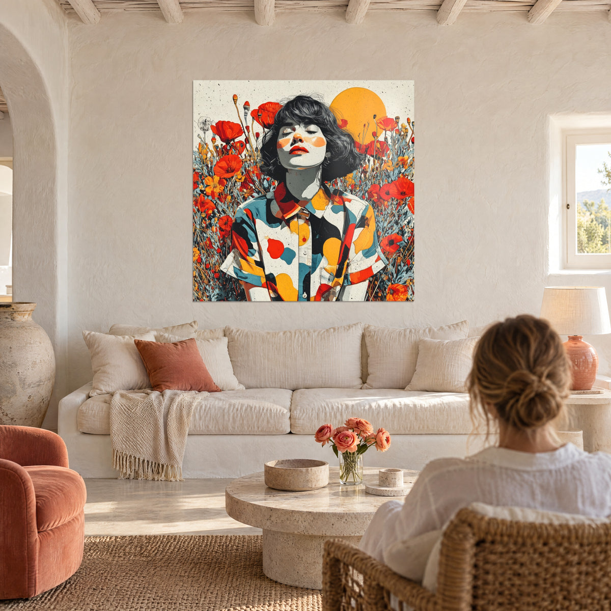 Wall art young woman with black hair dreaming among red poppies, yellow sun, above a sofa in a bright living room